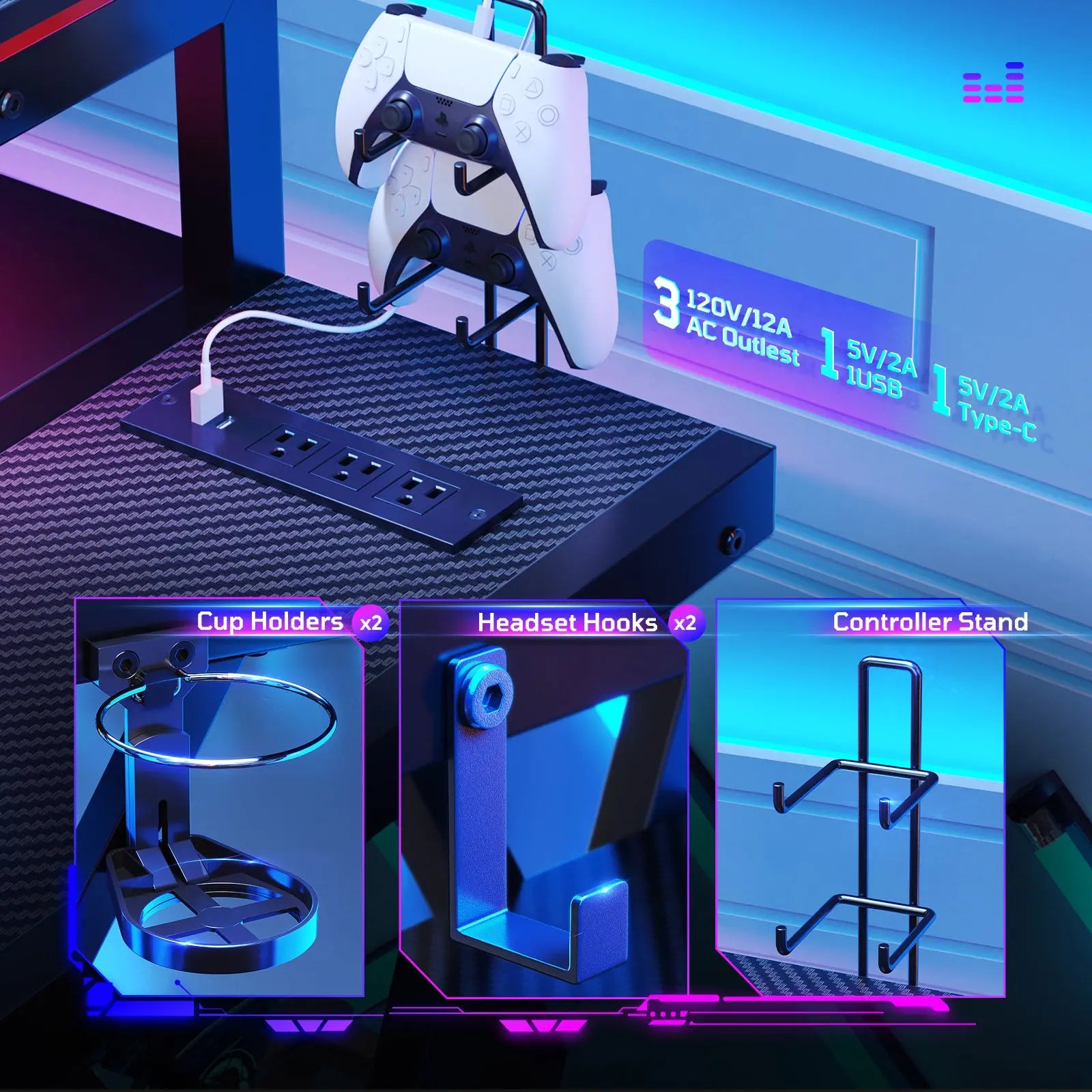 57-inch L-shaped Gaming Desk with RGB Music Sync Lights, 3 AC Outlets & Dual Cup Holders, Black Bestier