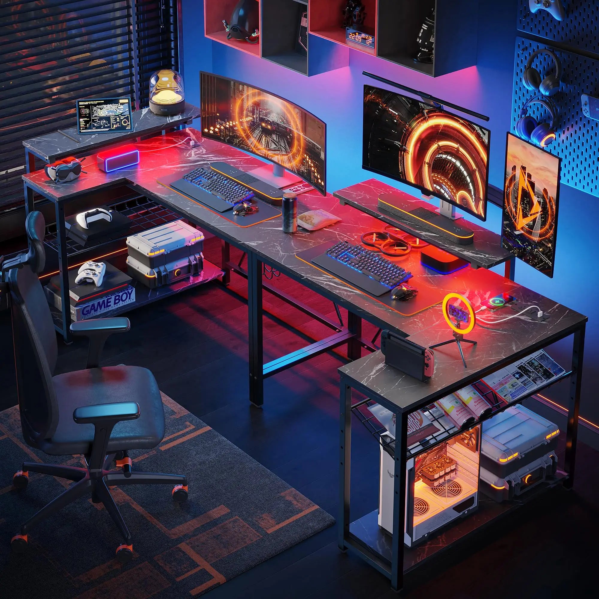Bestier 42" Reversible L-Shaped Gaming Desk with Power Outlets LED Lights and Monitor Stand &Storage Shelves & Hooks for Bedrooms & Home Offices Bestier