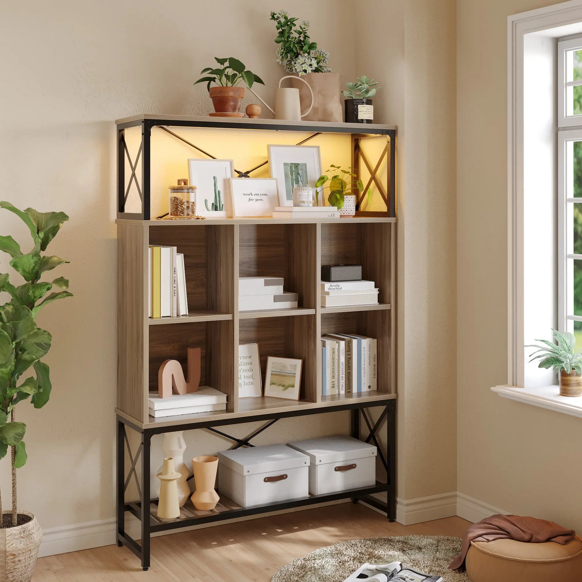 Bookcase with 6 Cubes, Adjustable Shelves, RGB Lights & X-Frame - Farmhouse Style Bestier