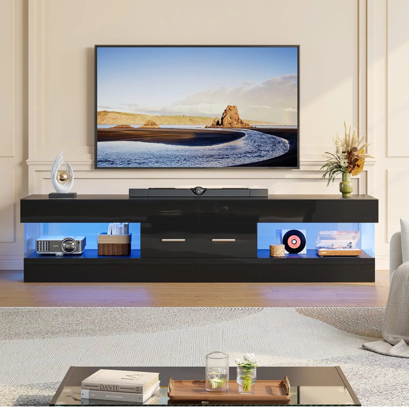 TV Stand for TVs up to 75" Modern Entertainment Center with LED Light High Gloss TV Console Table Storage Drawers Bestier