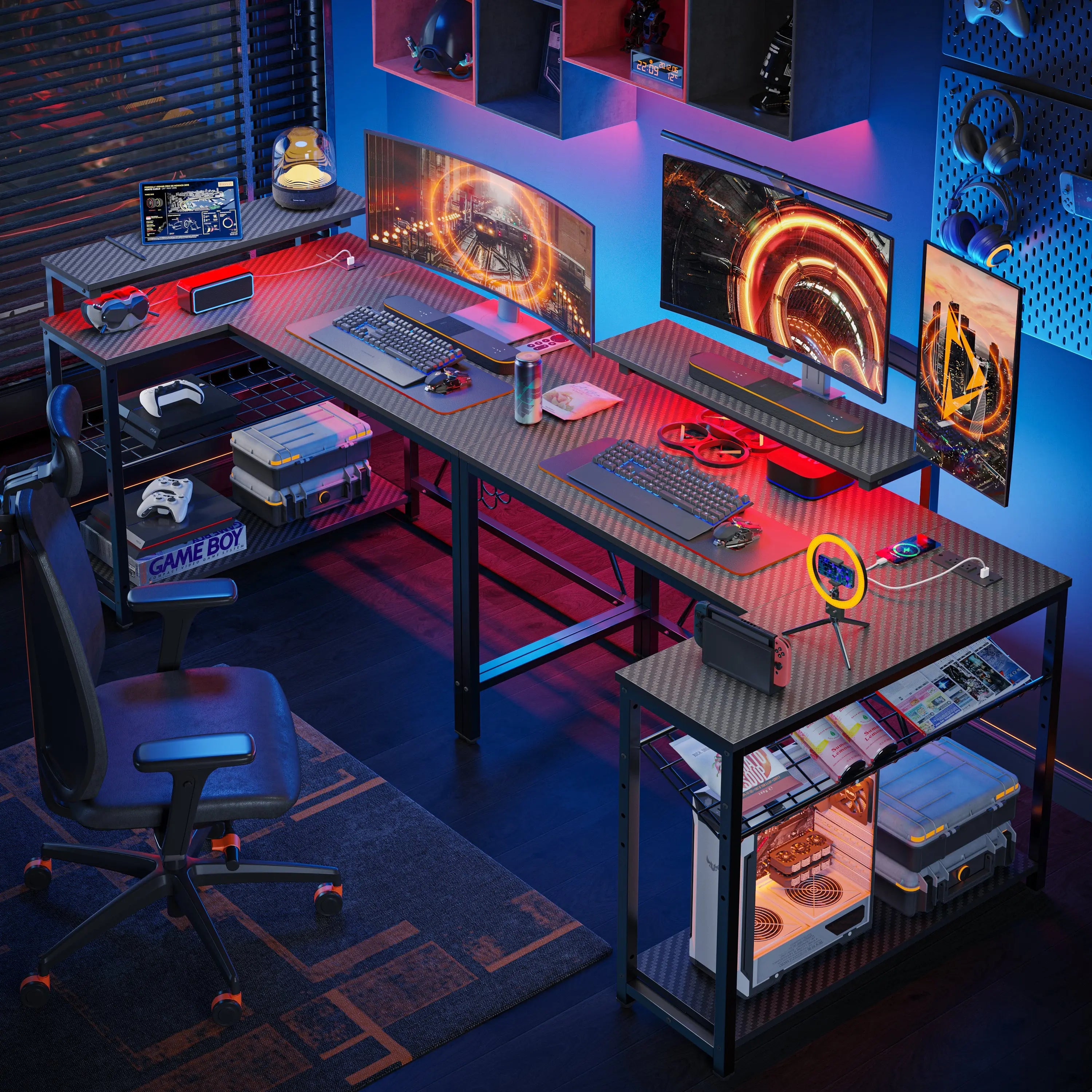 Bestier 42" Reversible L-Shaped Gaming Desk with Power Outlets LED Lights and Monitor Stand &Storage Shelves & Hooks for Bedrooms & Home Offices Bestier