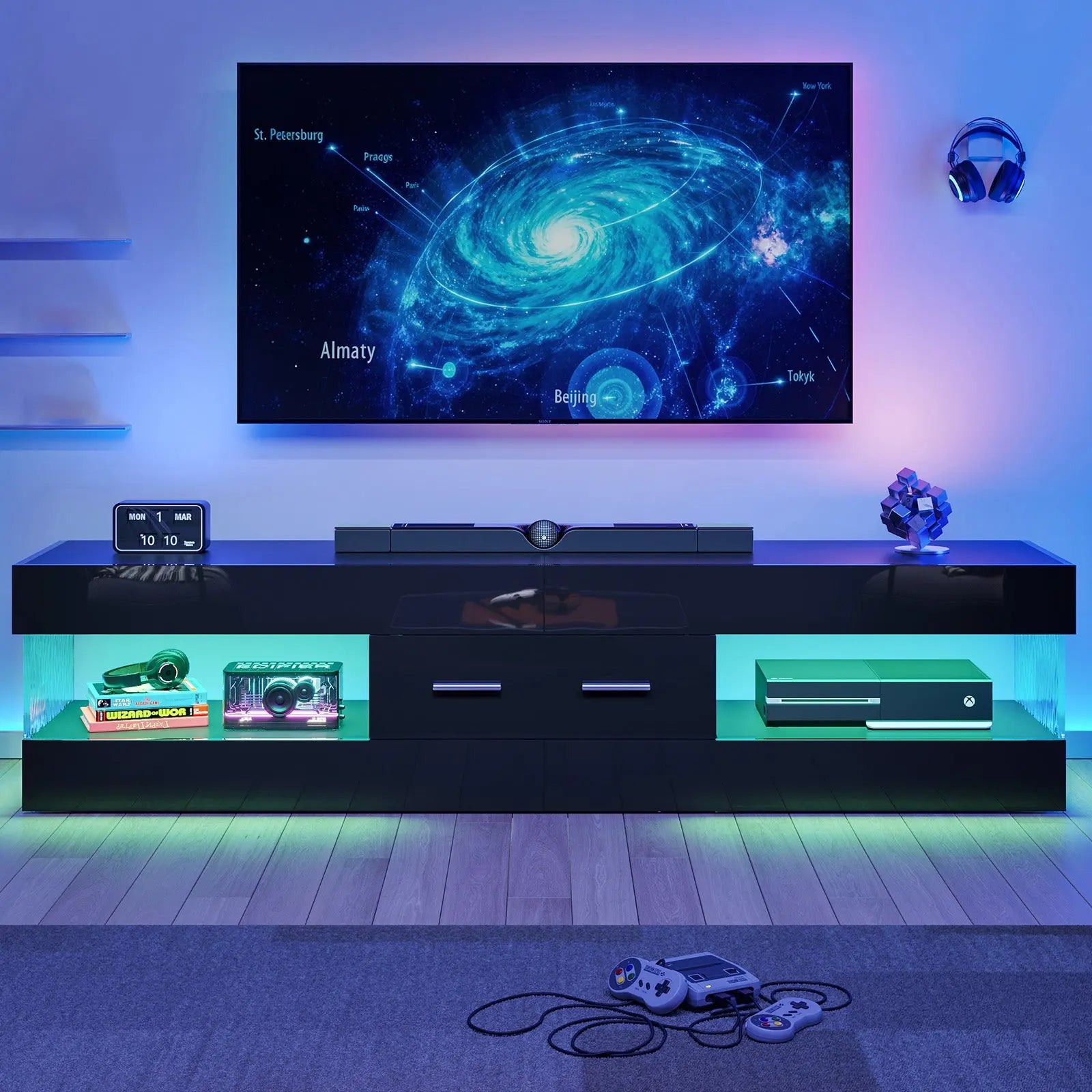 TV Stand for TVs up to 75" Modern Entertainment Center with LED Light High Gloss TV Console Table Storage Drawers Bestier