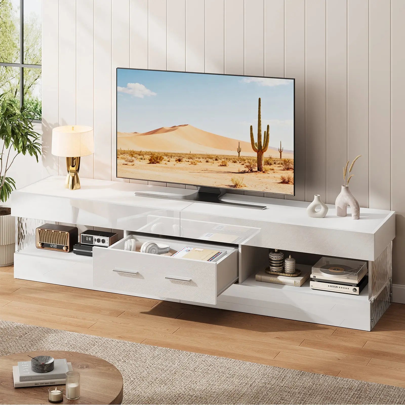 TV Stand for TVs up to 75" Modern Entertainment Center with LED Light High Gloss TV Console Table Storage Drawers Bestier