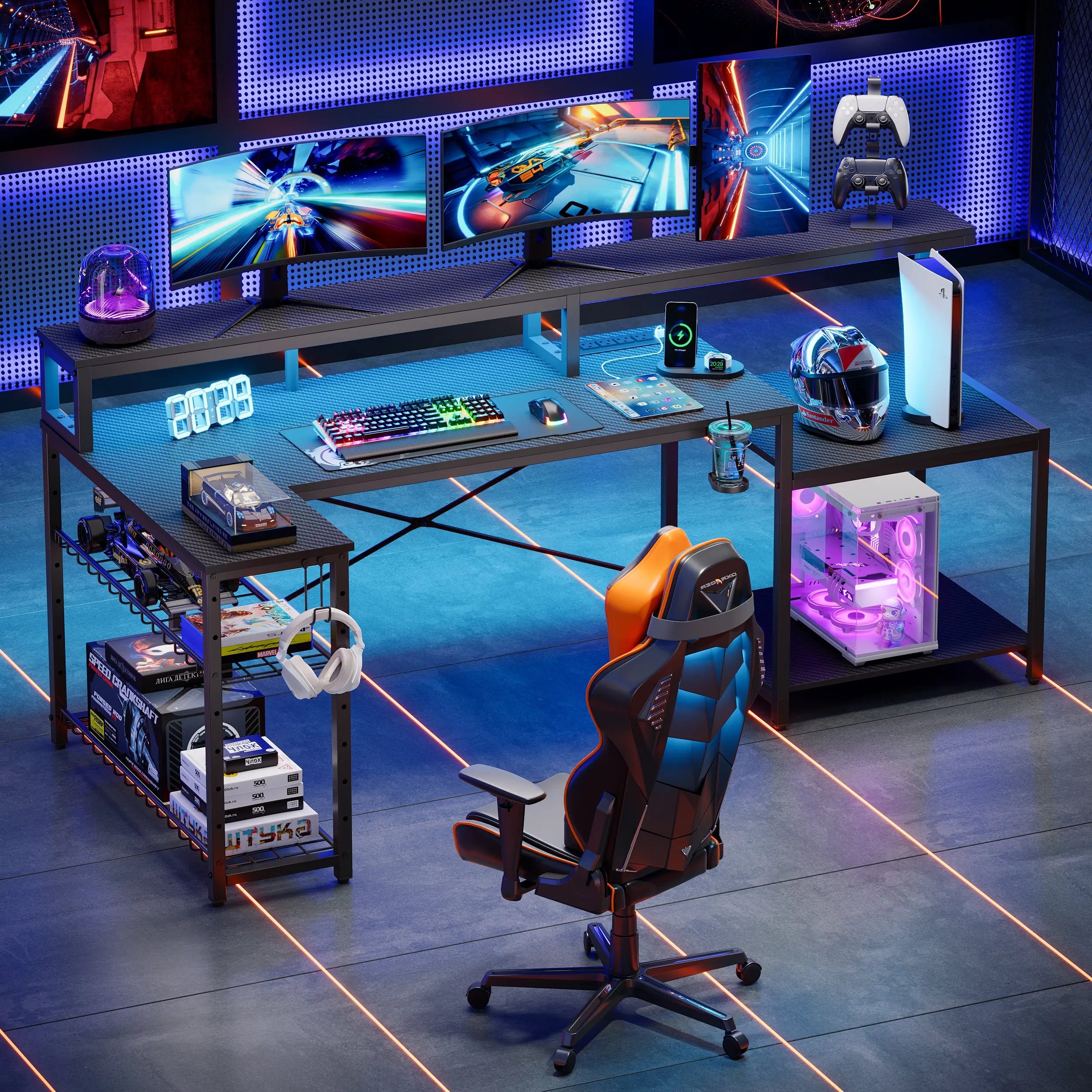Bestier - L-Shaped Gaming Desk with Power Outlets, LED Lighting and Monitor Stand Bestier