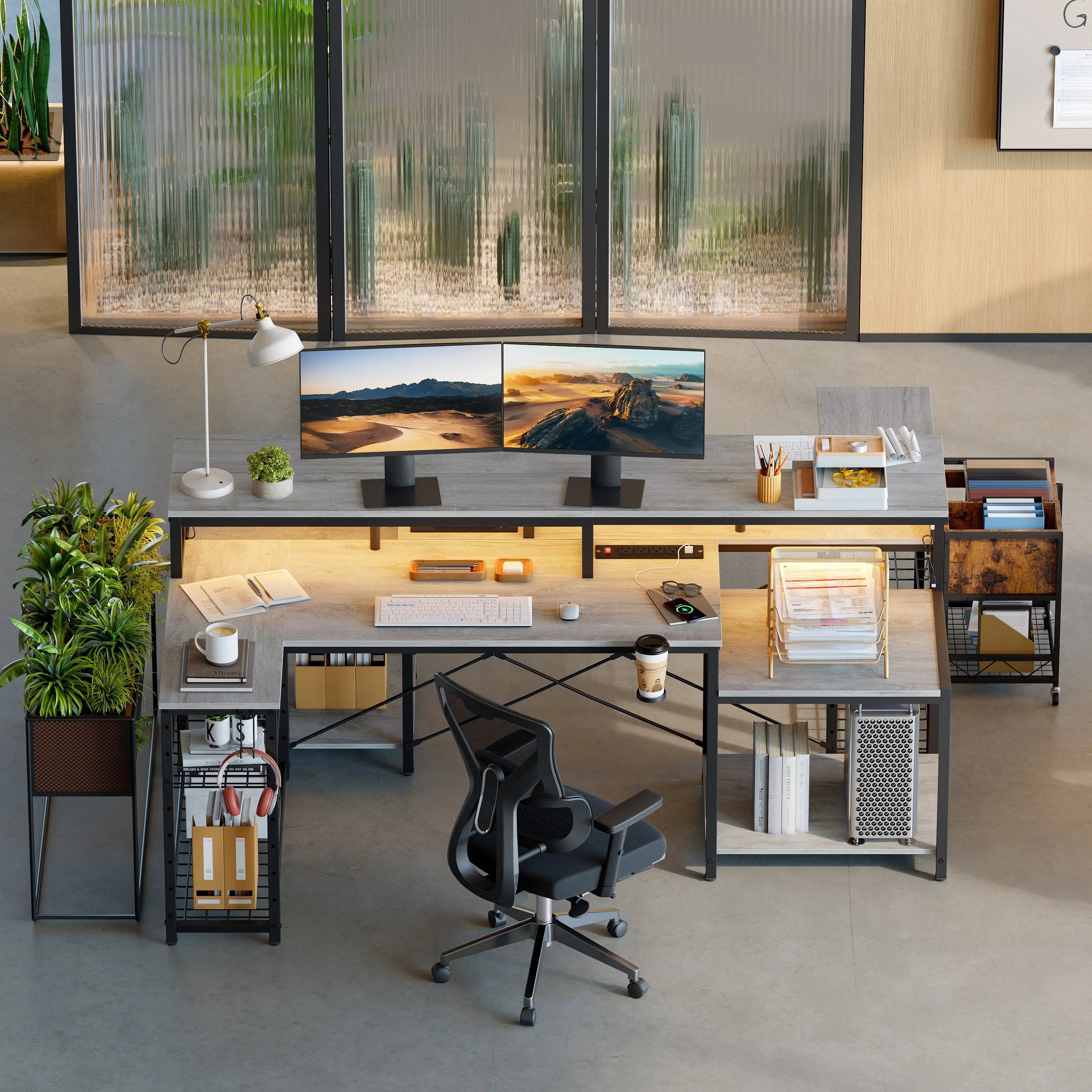 Bestier - L-Shaped Gaming Desk with Power Outlets, LED Lighting and Monitor Stand Bestier