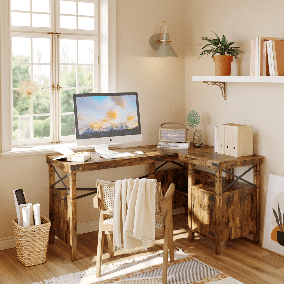 a wooden desk in a warm room