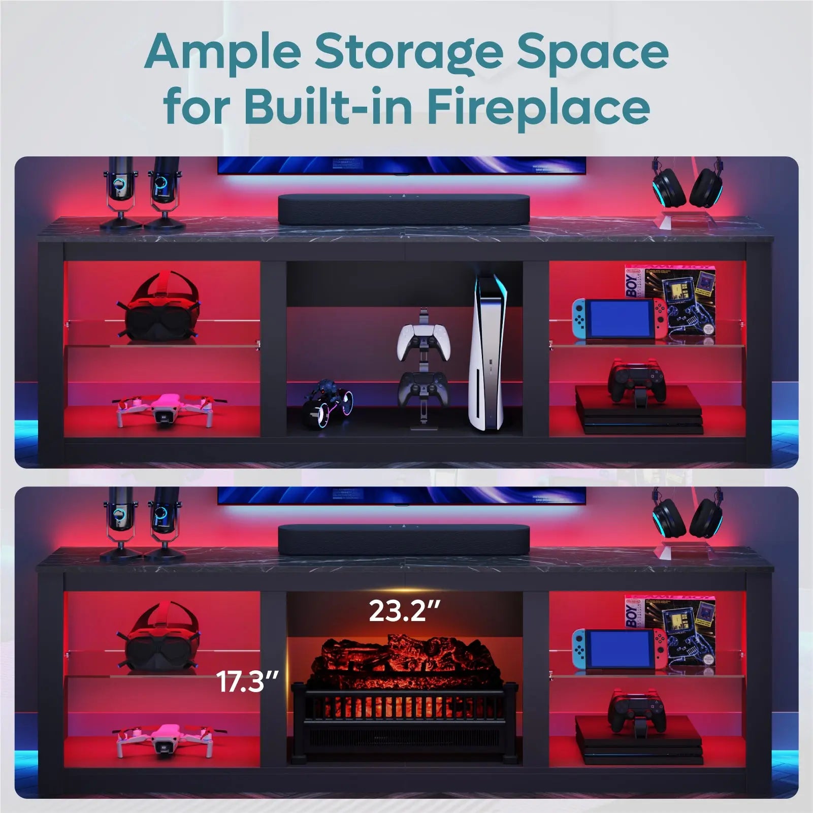 Bestier 70 Inch Fireplace TV Stand for TV up to 75", LED Entertainment Center with 23" Electric Fireplace Media Console Table for Living Room with Glass Shelves Bestier