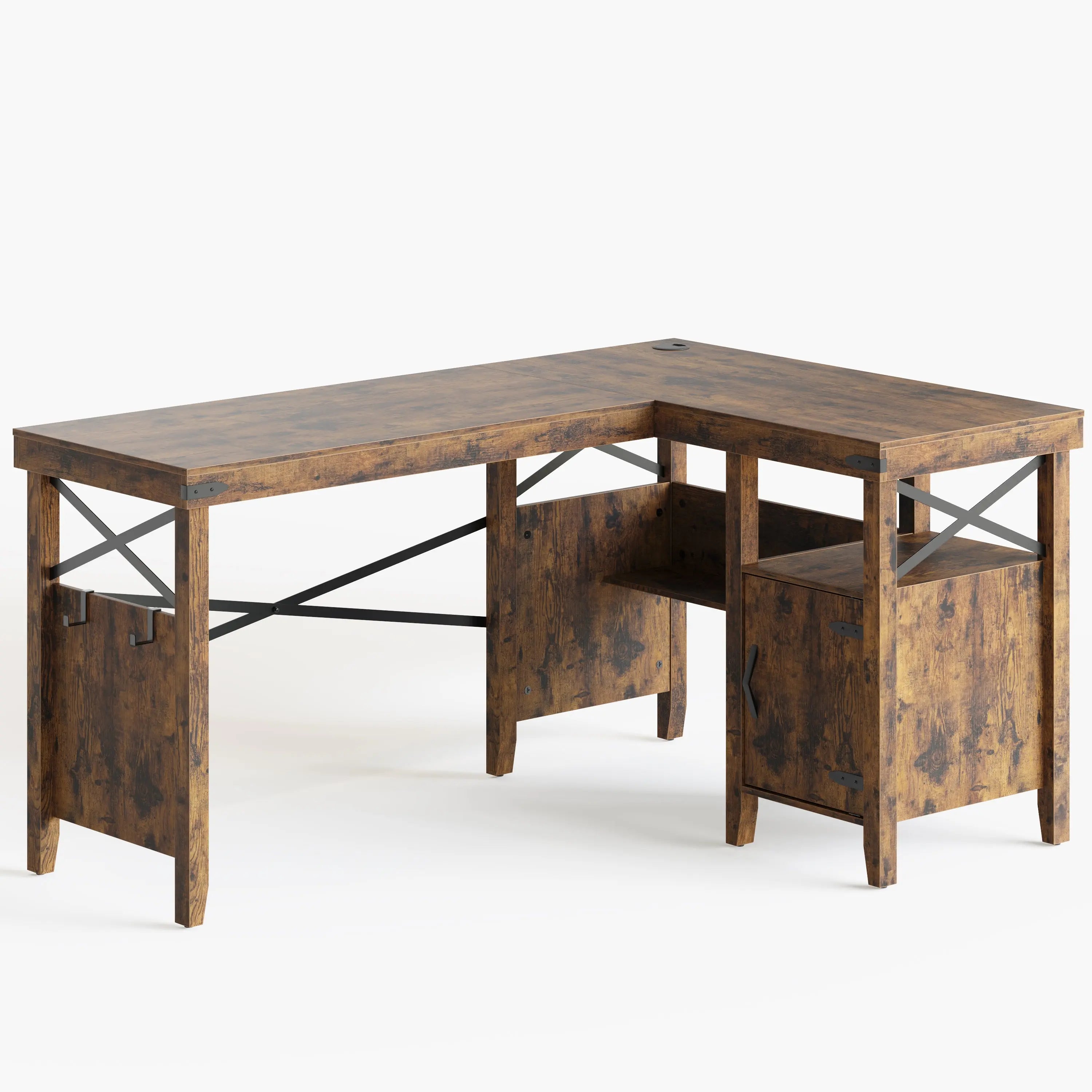 Bestier 60" Wide Farmhouse L-Shaped Computer Desk with Storage Cabinet and Bookshelf Bestier