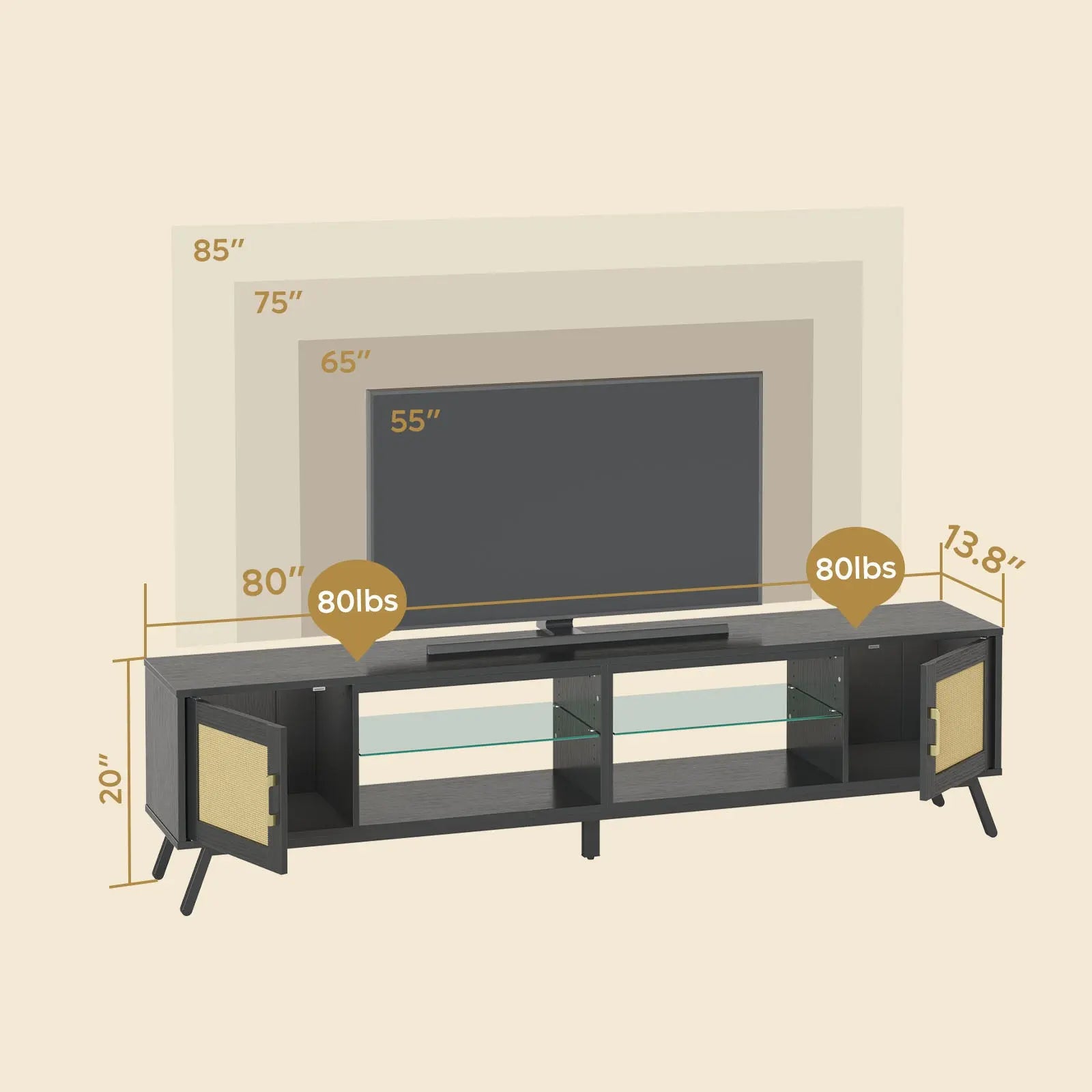 Bestier 80 Inch Black Rattan Mid Century TV Stand with Storage Bestier