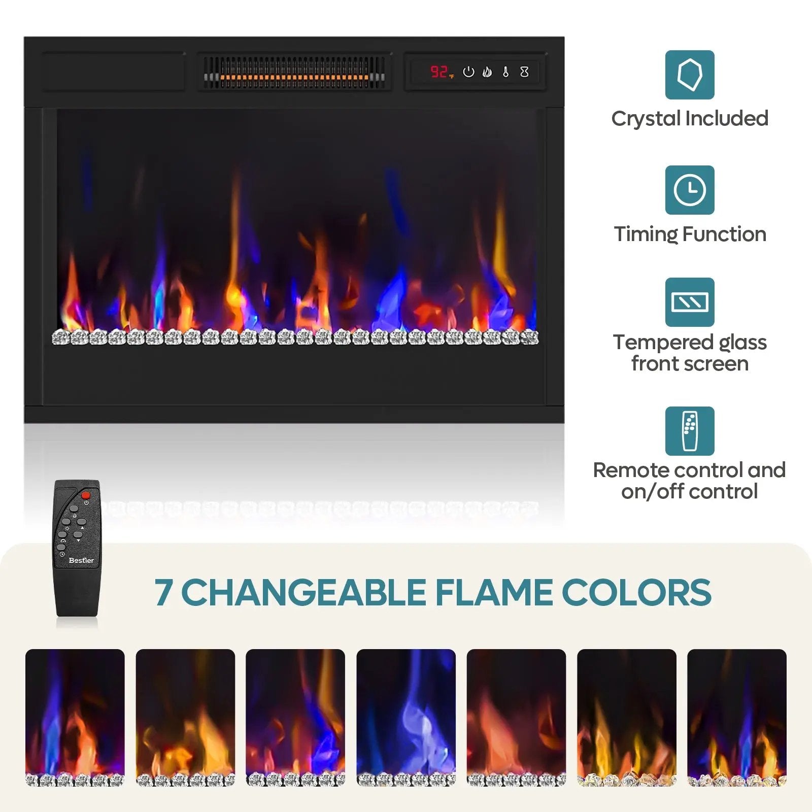 Bestier 3D Realistic Flame Fireplace with Crystal Effects - 7 LED Modes, 5120 BTU Heating & ETL-Certified Bestier