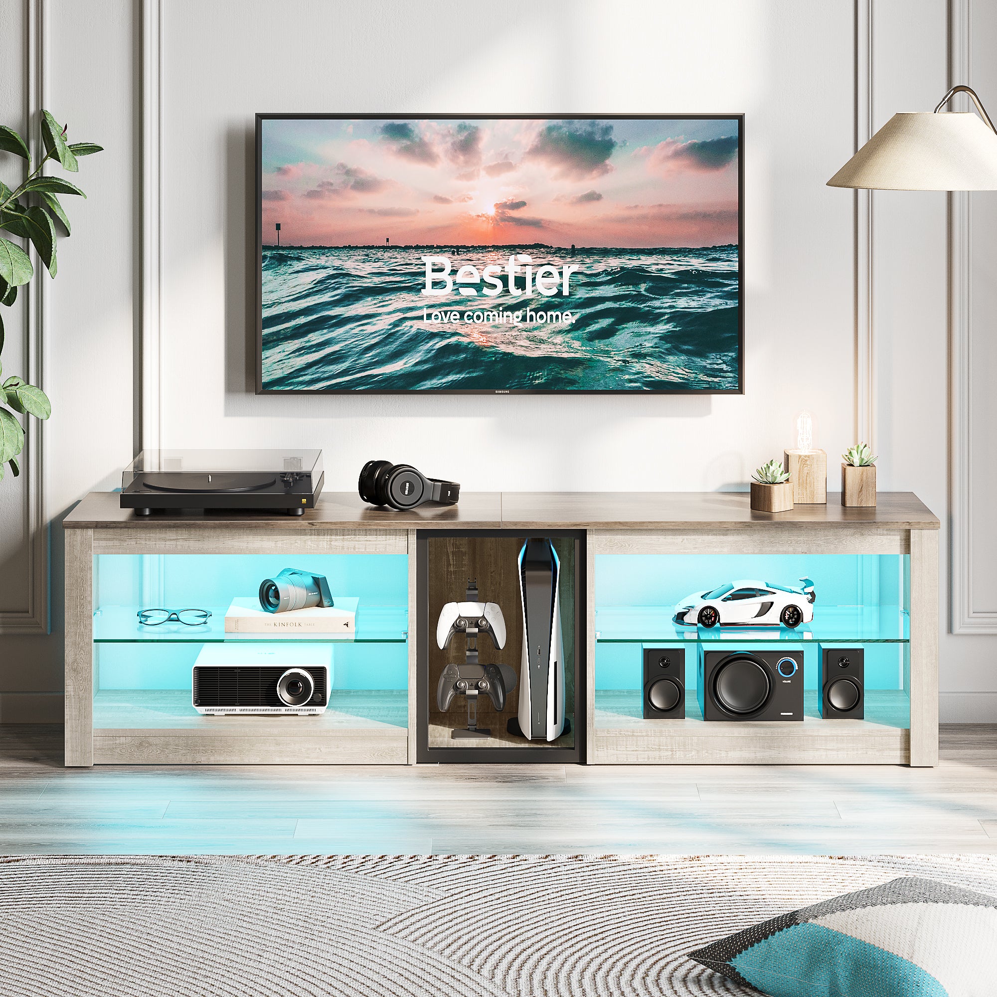 Bestier 63-inch TV Stand for 70 inch TV, Gaming Entertainment Center for PS5, LED TV Cabinet with Glass Shelves for Living Room