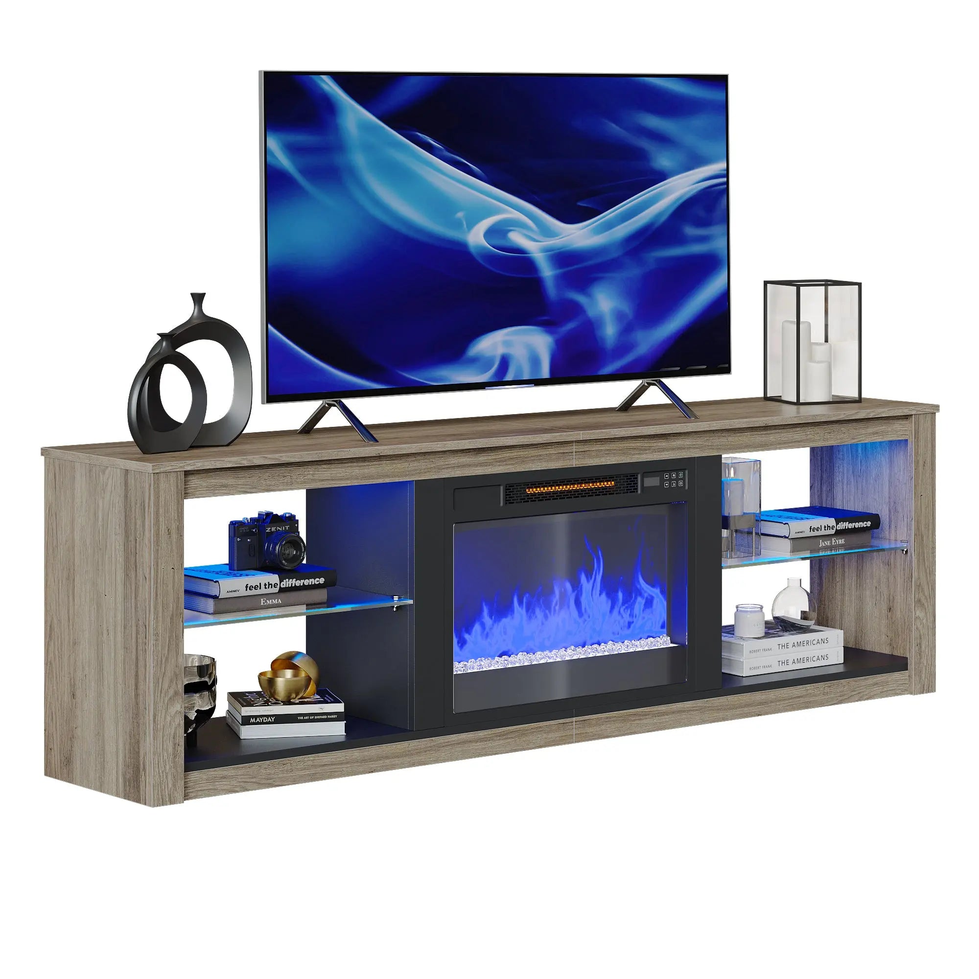 Bestier 70-inch fireplace TV stand with RGB lights and adjustable glass shelves.