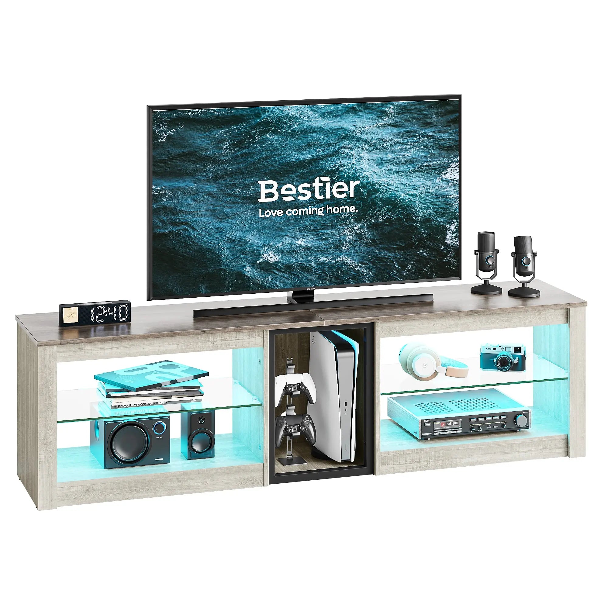 Bestier 63-inch TV Stand for 70 inch TV, Gaming Entertainment Center for PS5, LED TV Cabinet with Glass Shelves for Living Room Bestier