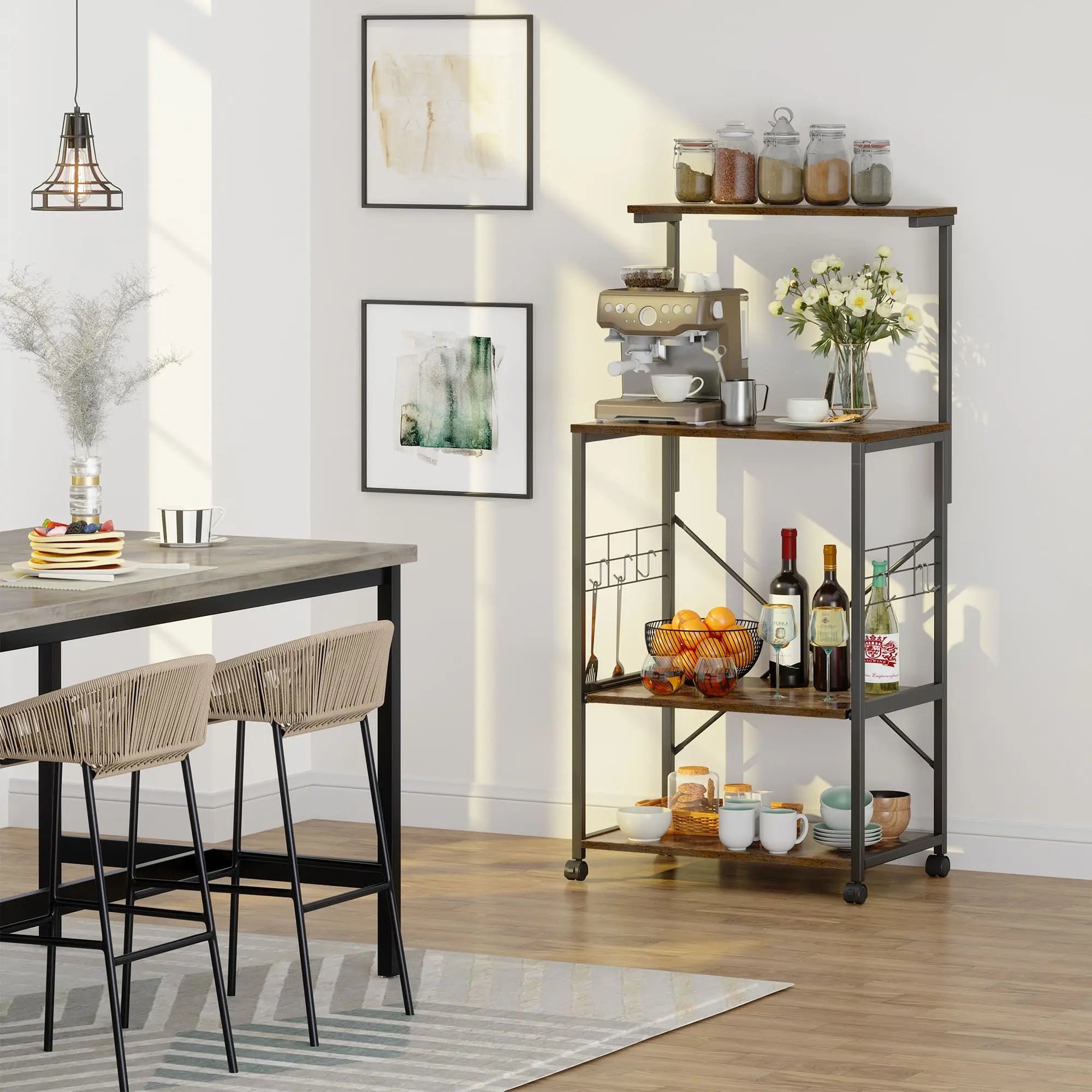 the brown bakers rack on wheels in a dining room