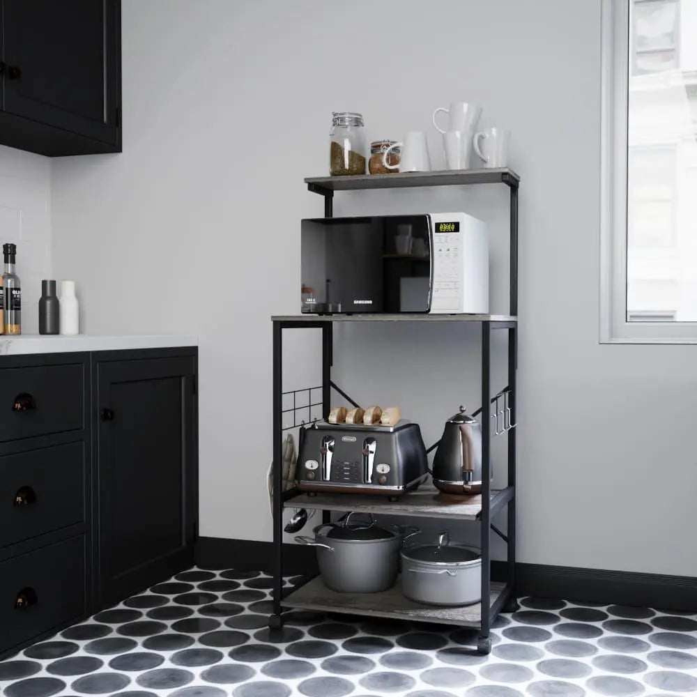 the wash gray bakers rack on wheels in a room