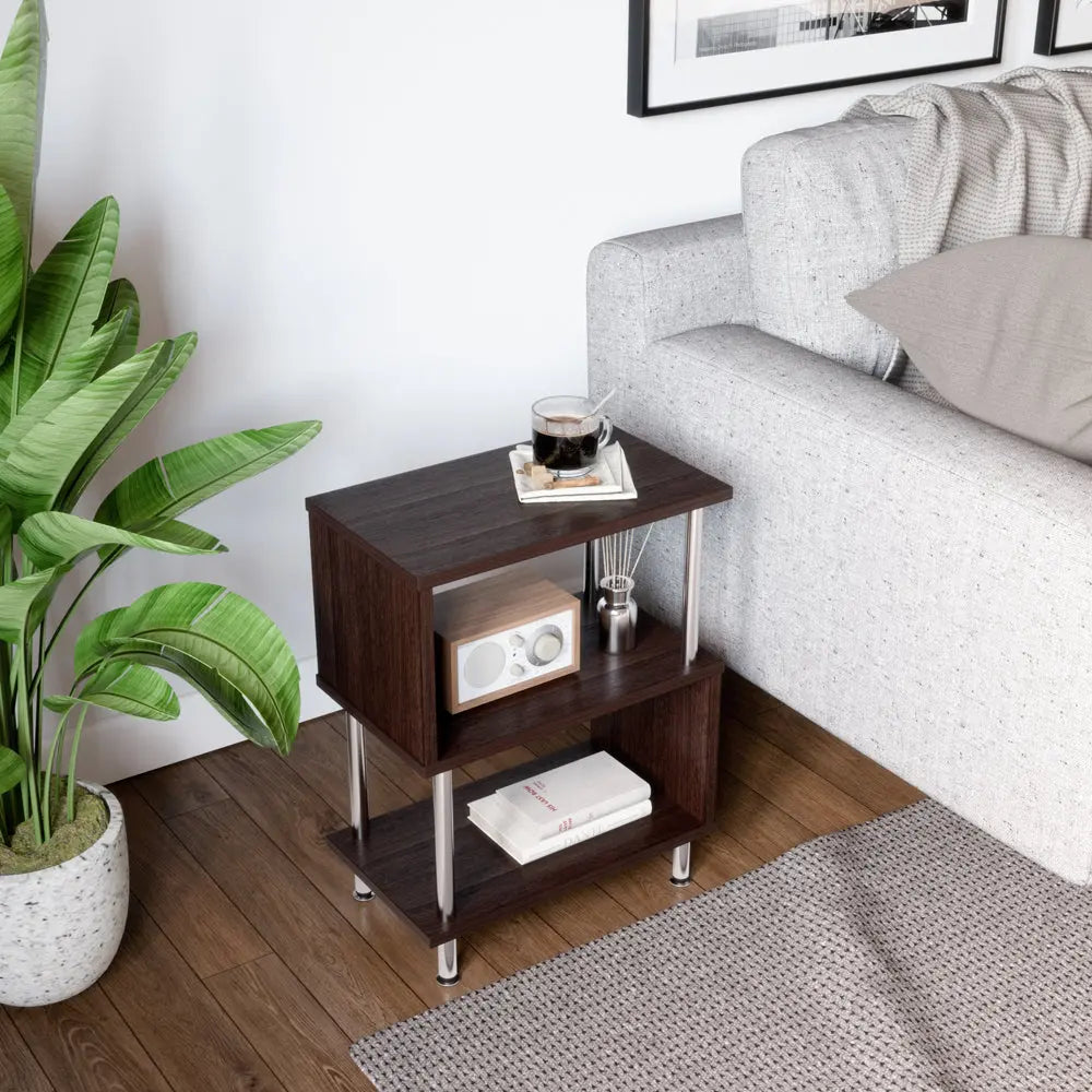 Bestier End Table 3 Tier S-Shaped Small Nightstand Bedside Table with Storage Shelves Brown Finish Bestier