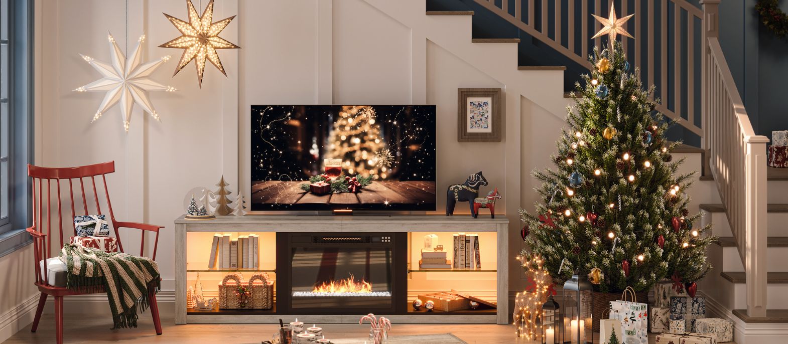 the fireplace tv stand in a room