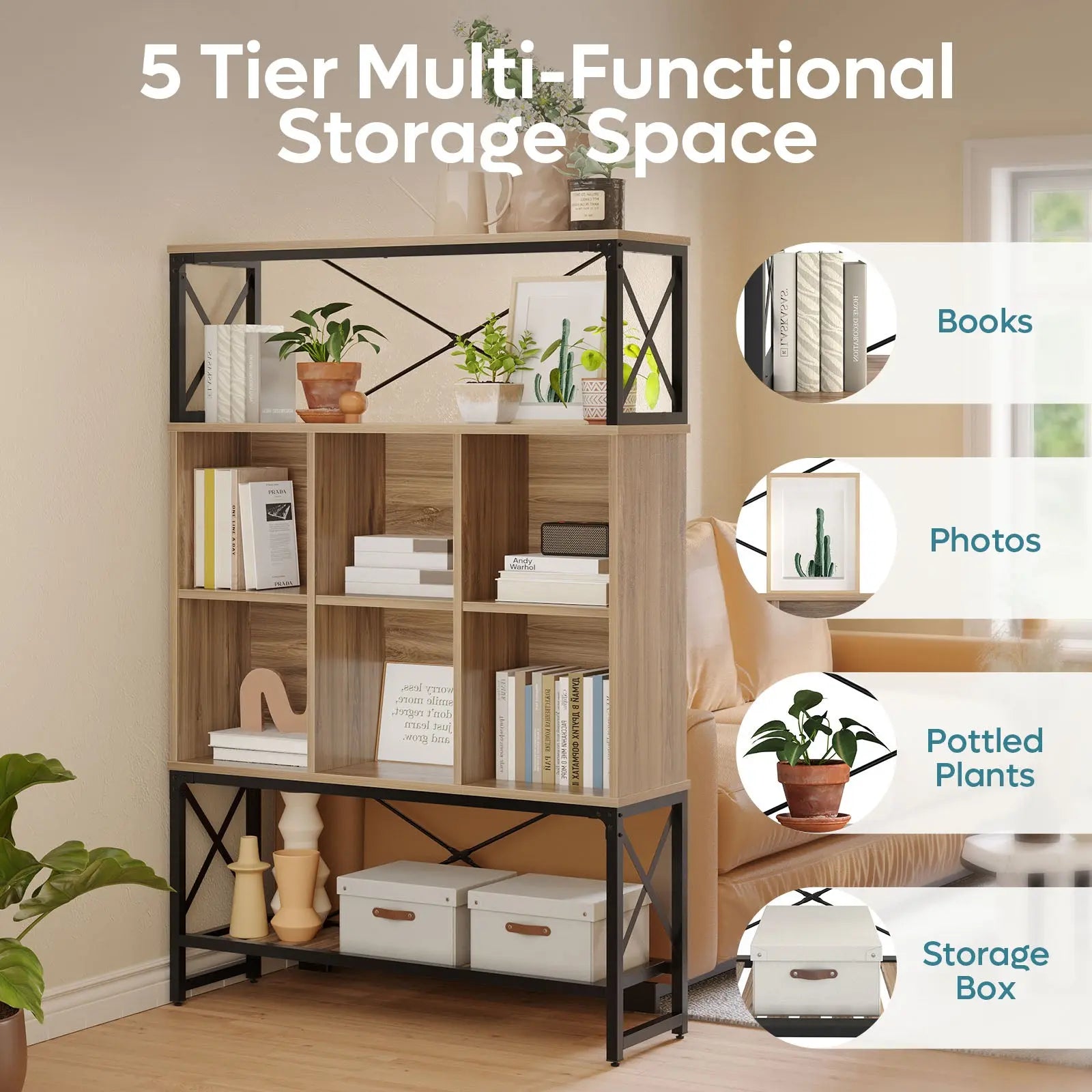 Bookcase with 6 Cubes, Adjustable Shelves, RGB Lights & X-Frame - Farmhouse Style Bestier