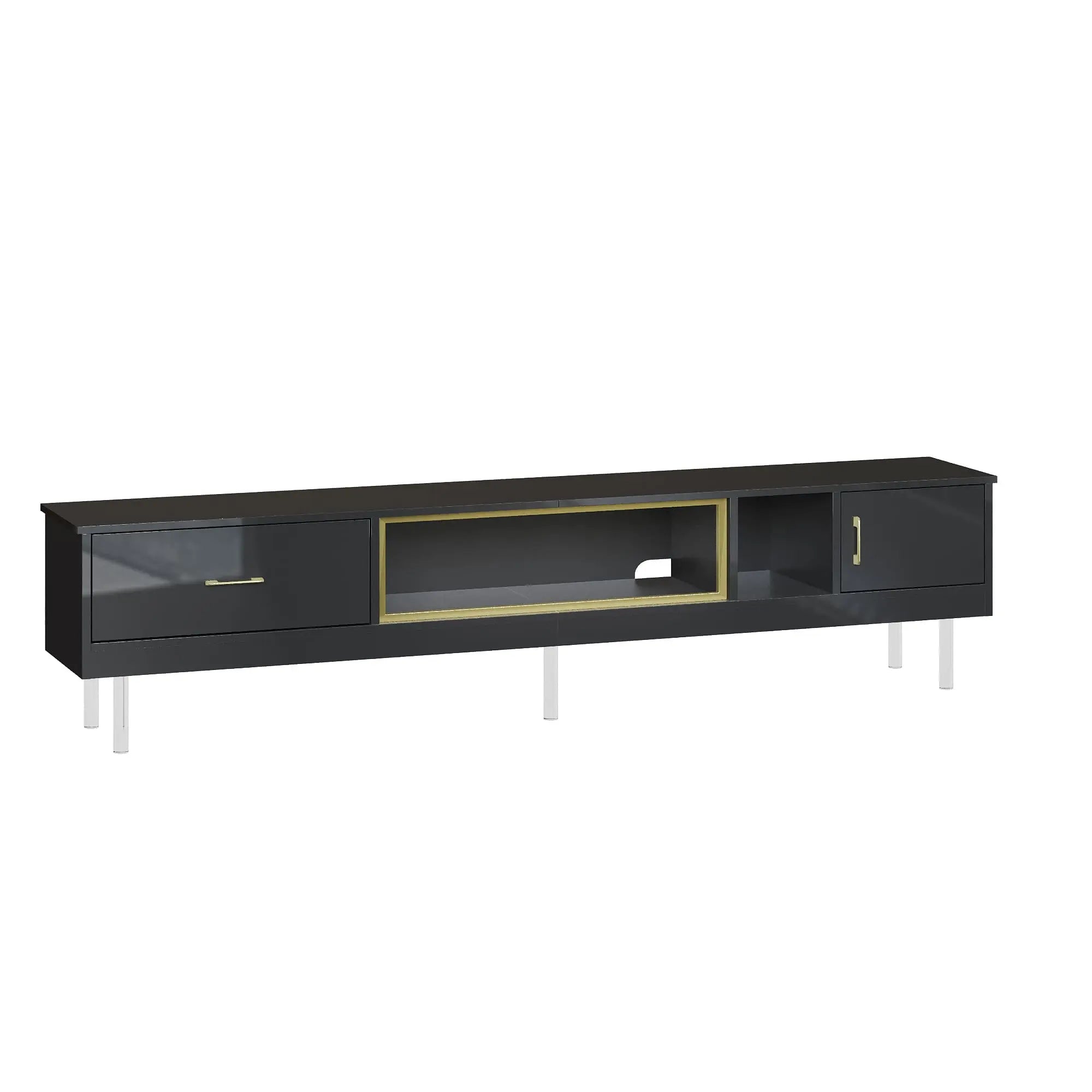 the black high glossy tv stand in the white background