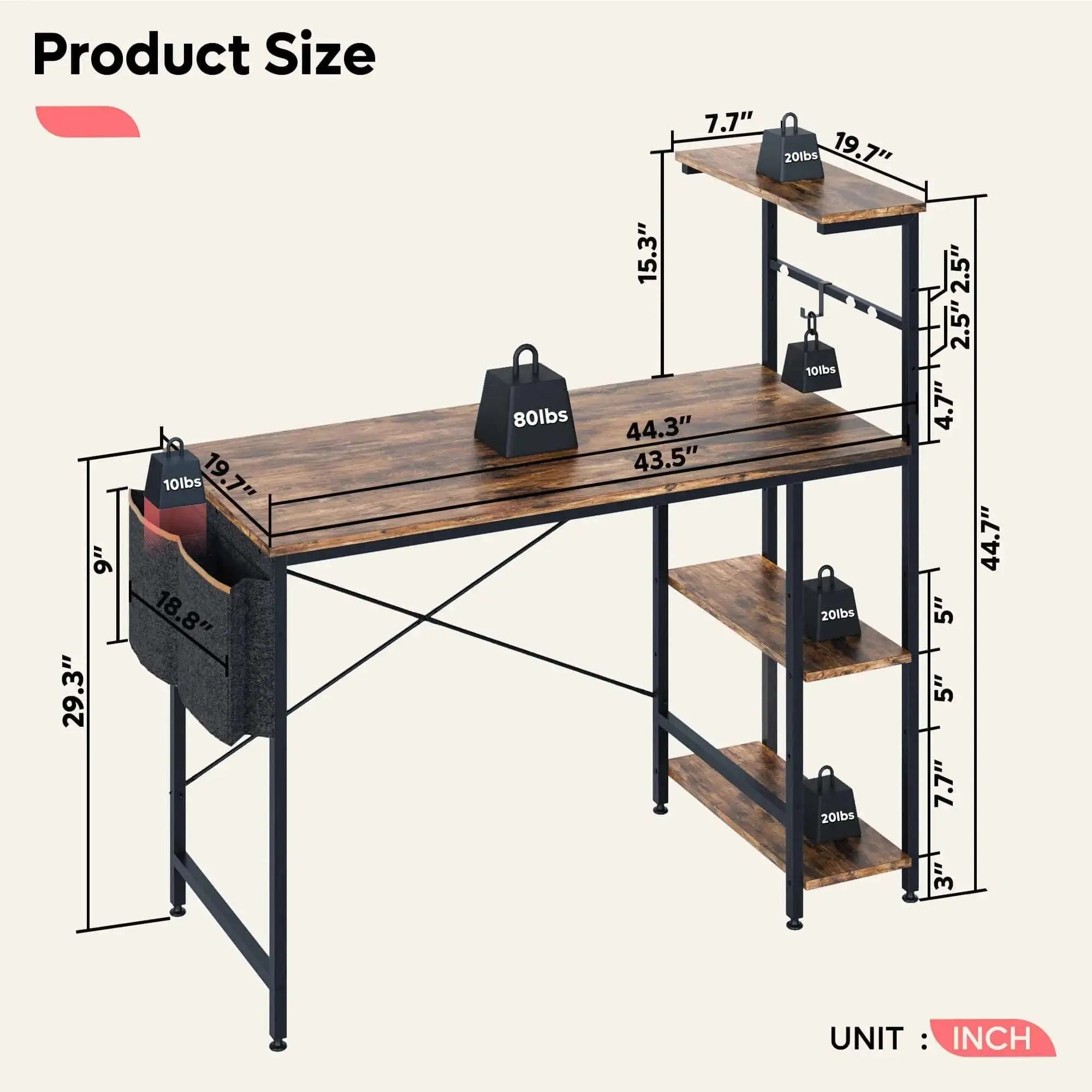 the size of the Computer Desk with Shelves & Storage Bag