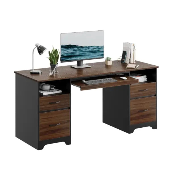 a brown computer desk in the white background