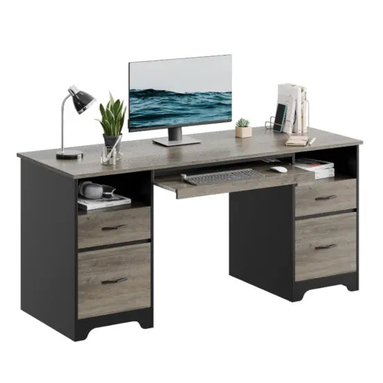 the gray computer desk with drawers in the white background