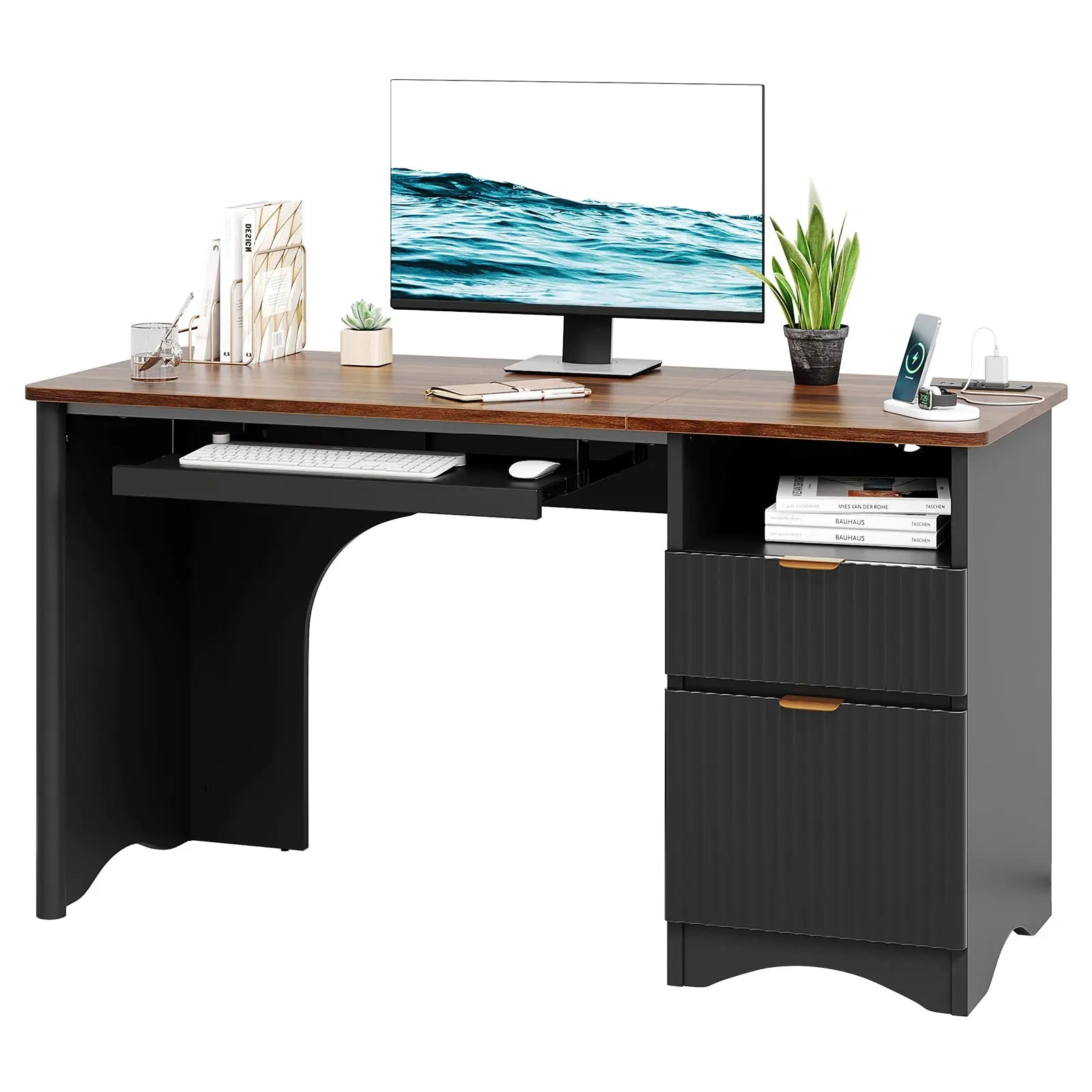 55-inch Double Drawer Desk with USB Charging Ports & Keyboard Tray Bestier