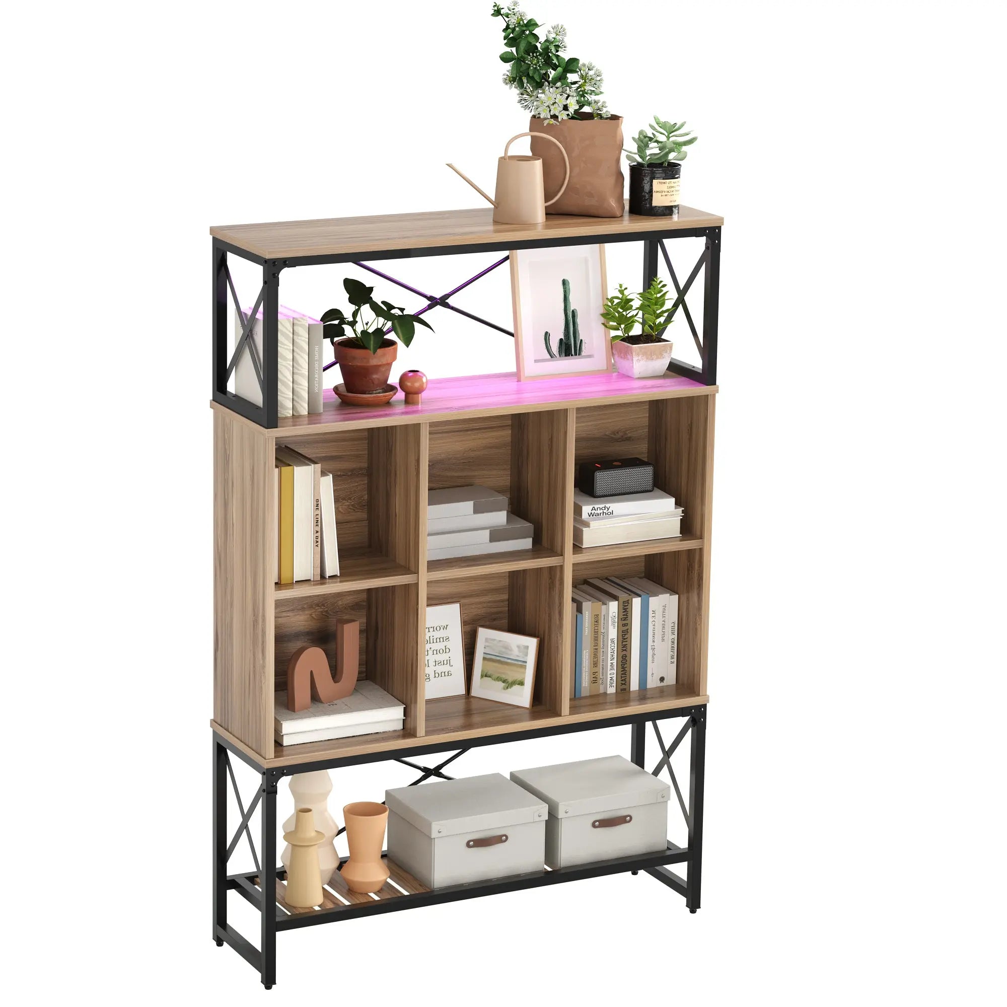 Bookcase with 6 Cubes, Adjustable Shelves, RGB Lights & X-Frame - Farmhouse Style Bestier