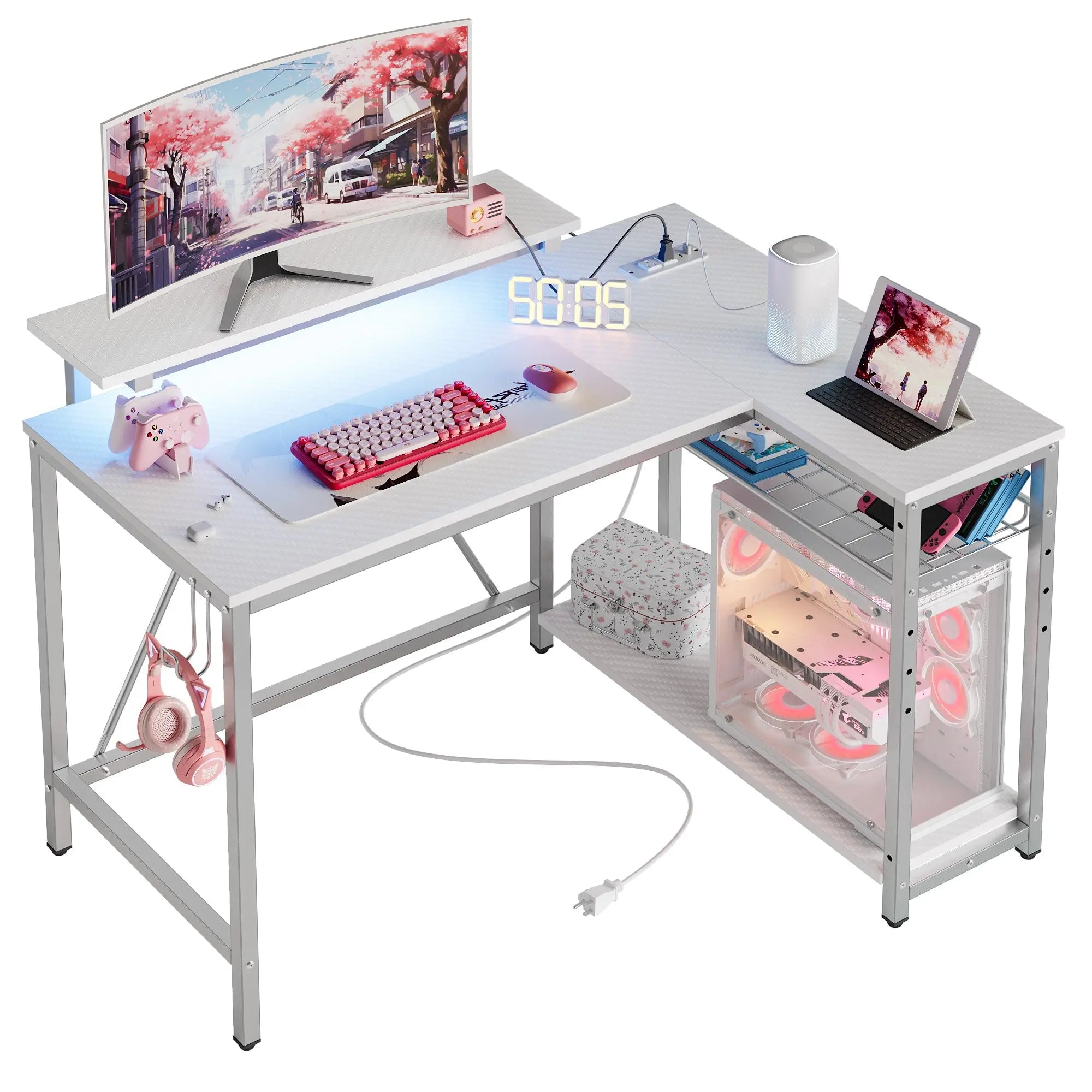 Bestier 42" Reversible L-Shaped Gaming Desk with Power Outlets LED Lights and Monitor Stand &Storage Shelves & Hooks for Bedrooms & Home Offices Bestier