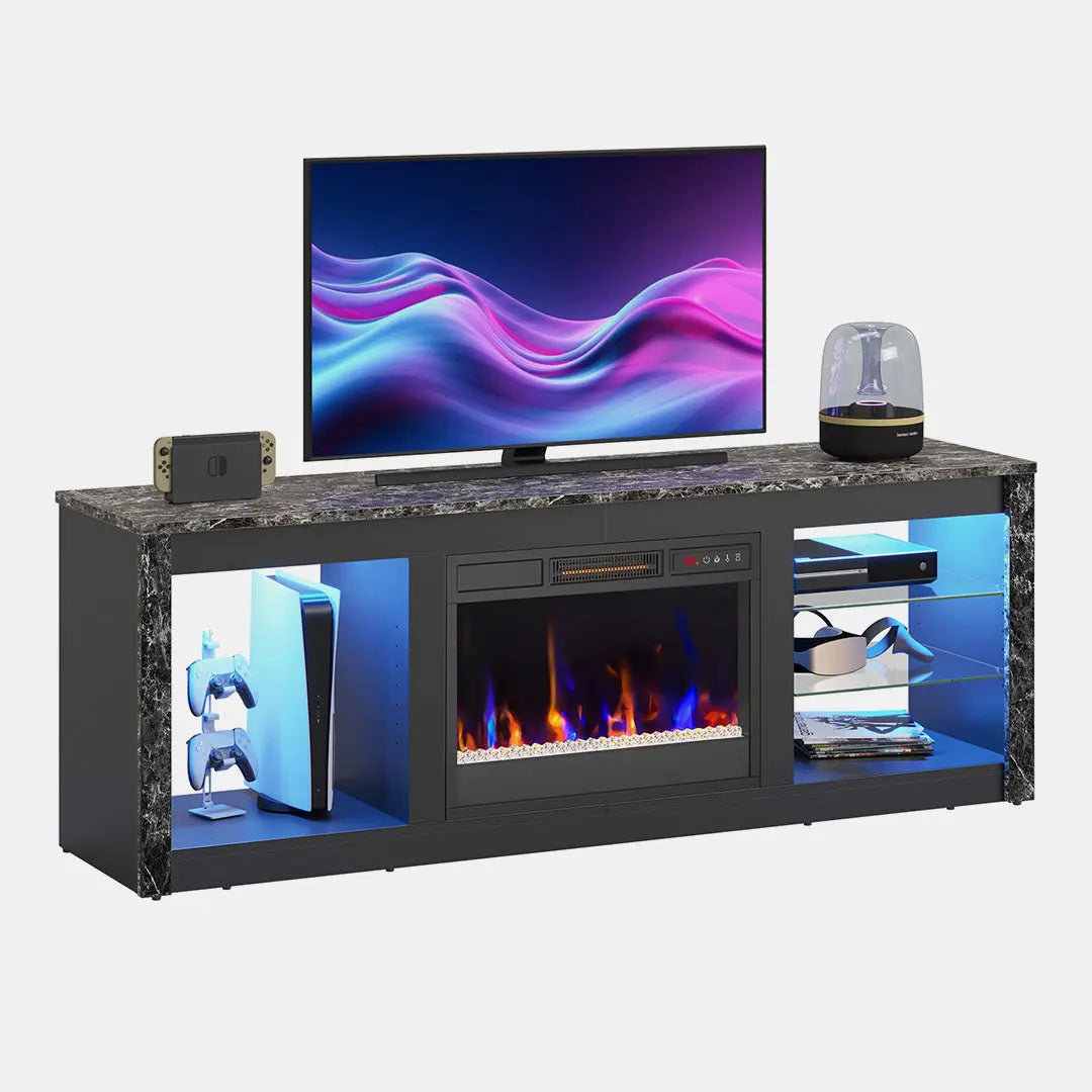 Electric Fireplace TV Stand of black marble with 7 Color LED Light for TVs up to 70"- Bestier