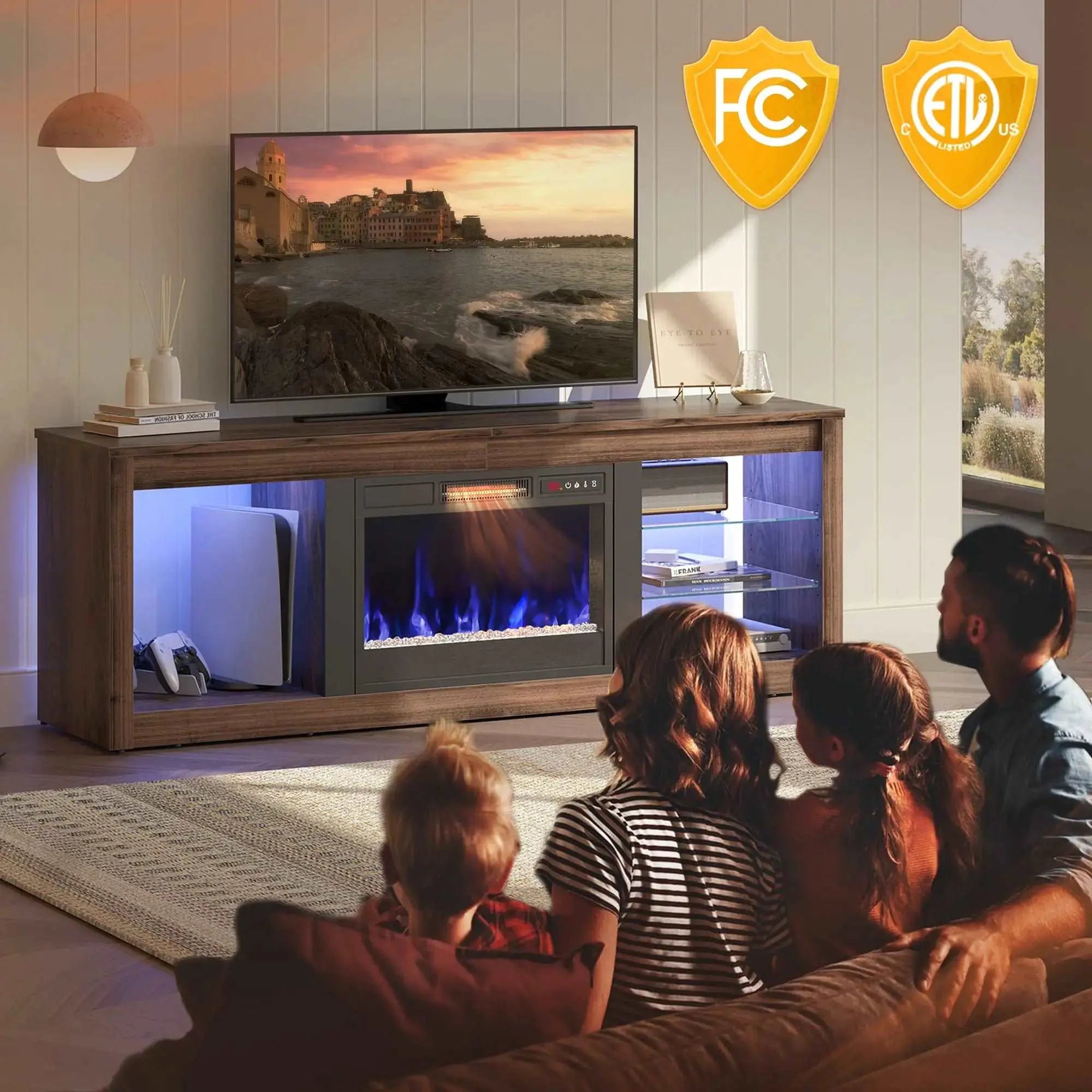 families are enjoy the Electric Fireplace TV Stand  with 7 Color LED Light for TV