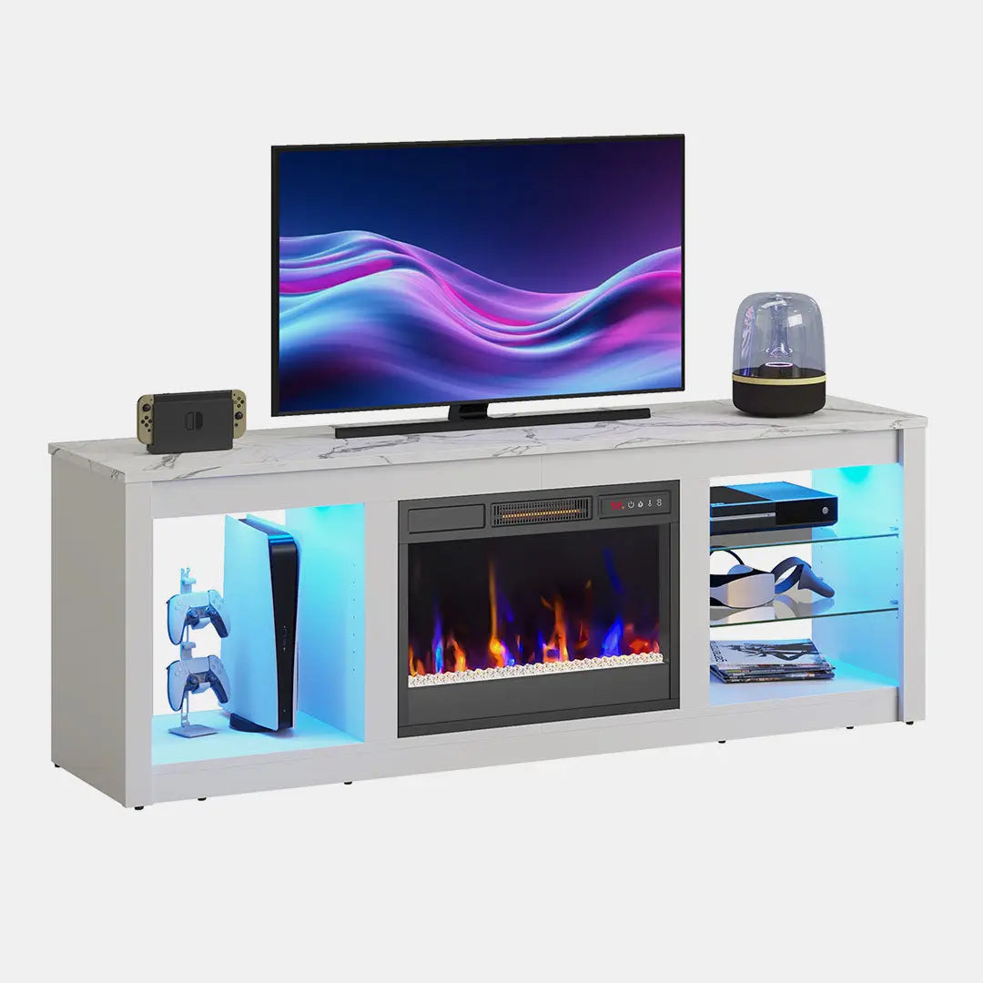 Electric Fireplace TV Stand of white marble with 7 Color LED Light for TVs up to 70"- Bestier