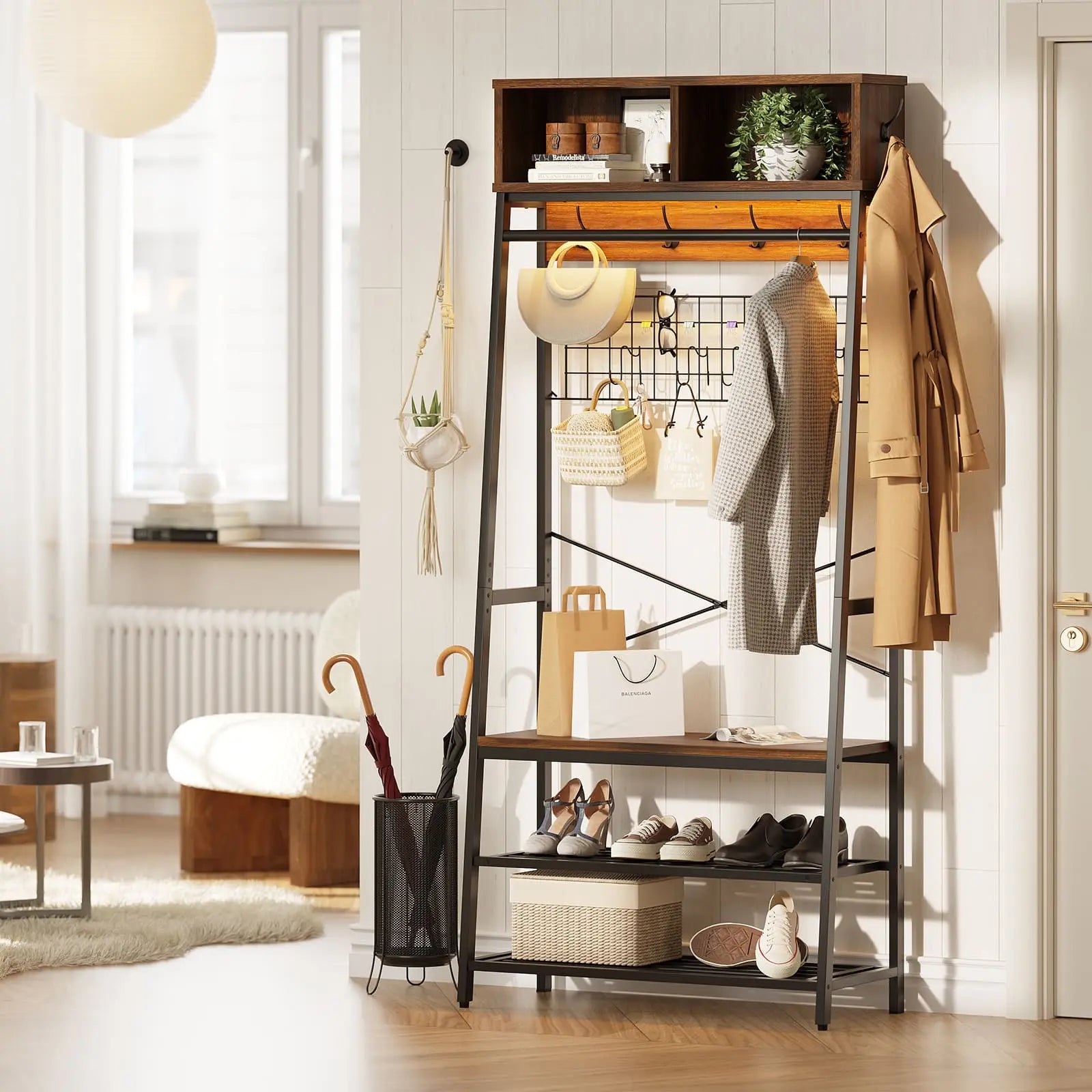 the walnut entryway coat rack with led lights