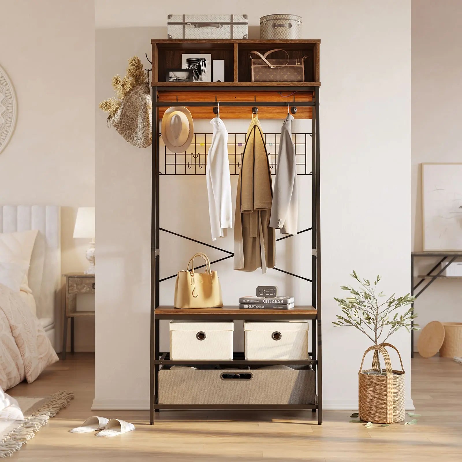 the walnut entryway coat rack with led lights in a bedroom