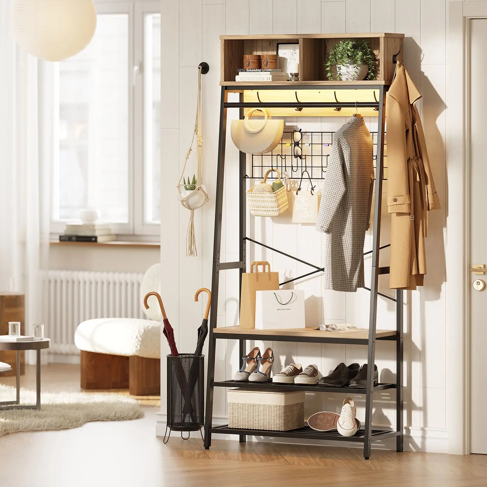 the pinewood entryway coat rack with led lights