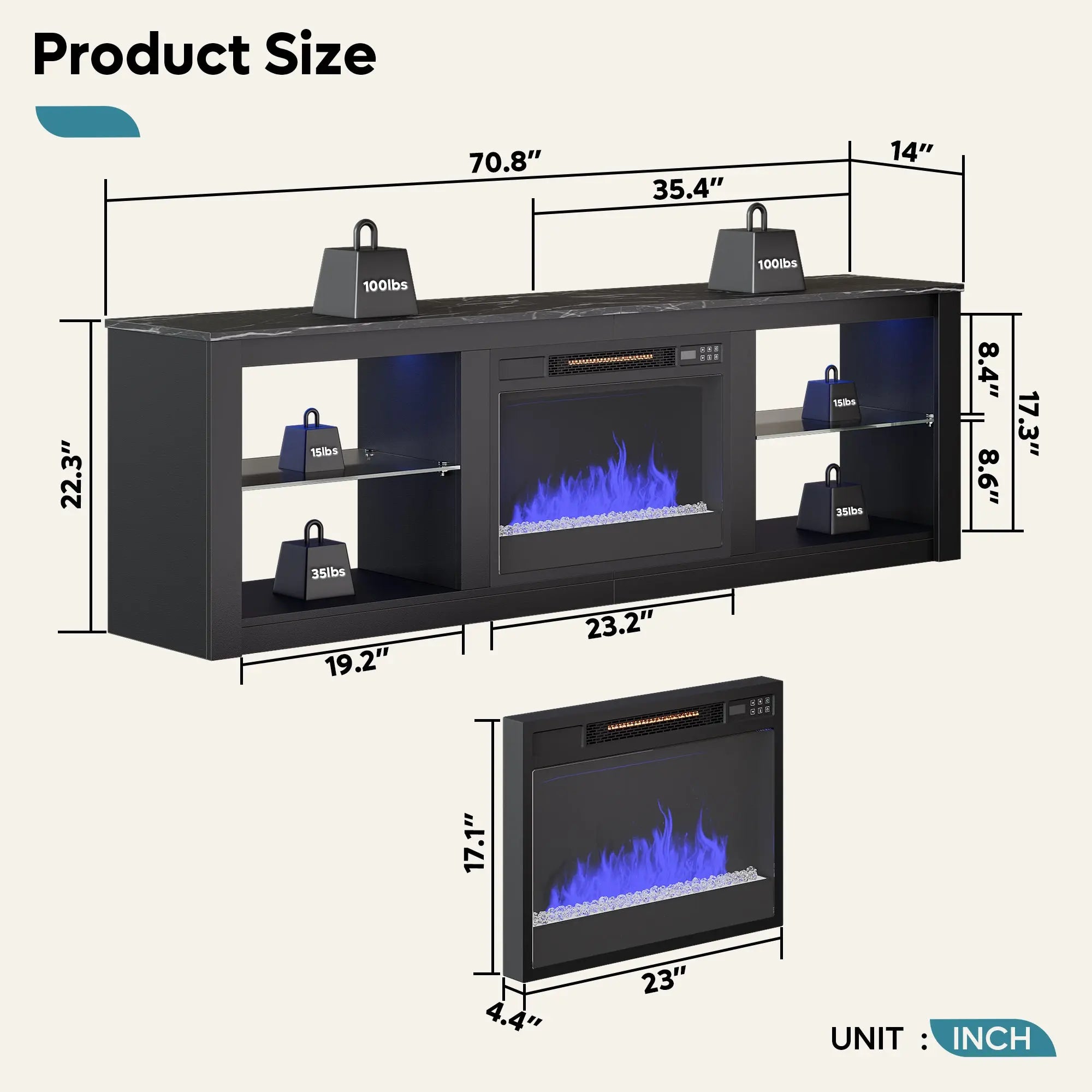 Bestier 70-inch Fireplace TV Stand with RGB Lights, Adjustable Glass Shelves & Remote Control Bestier