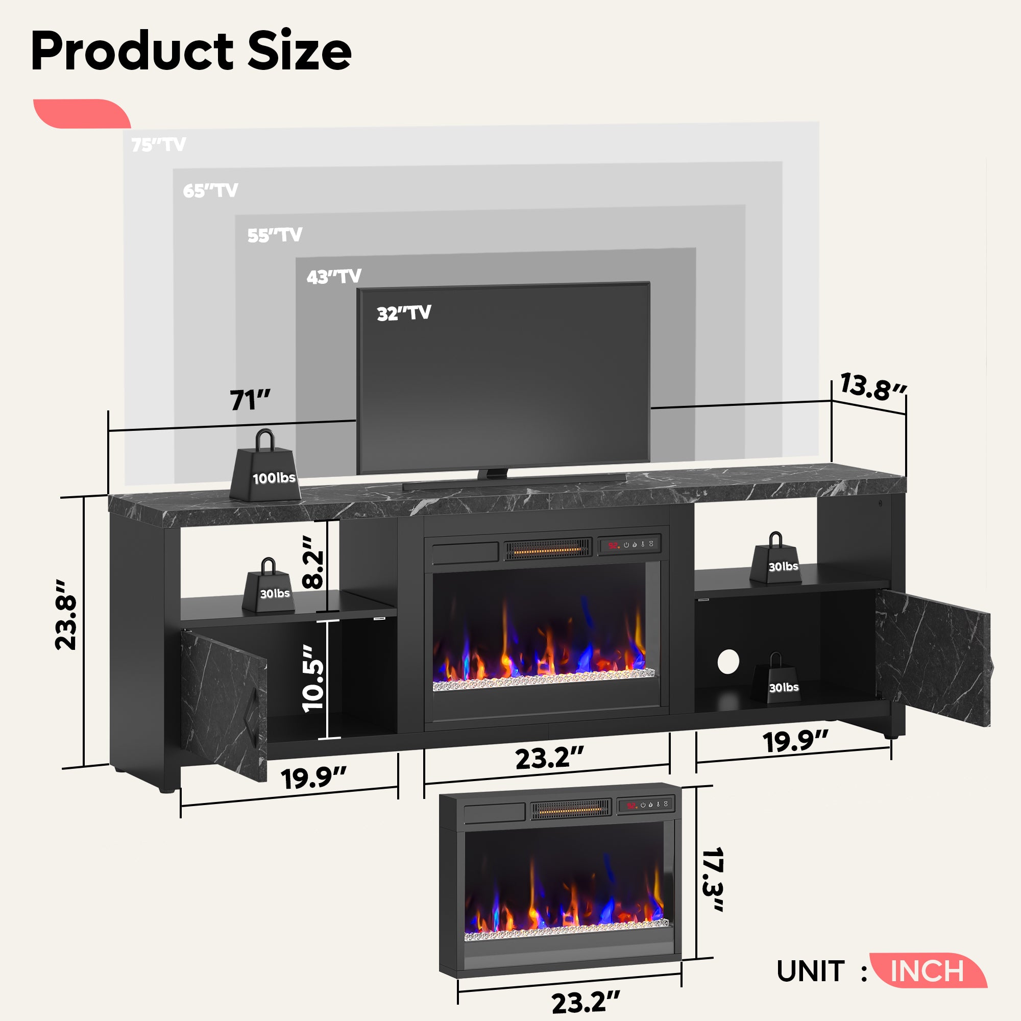 Bestier 71" Modern Fireplace TV Stand for TVs up to 75", LED Entertainment Center Gaming TV Console with 23" Remote Control Electric Fireplace