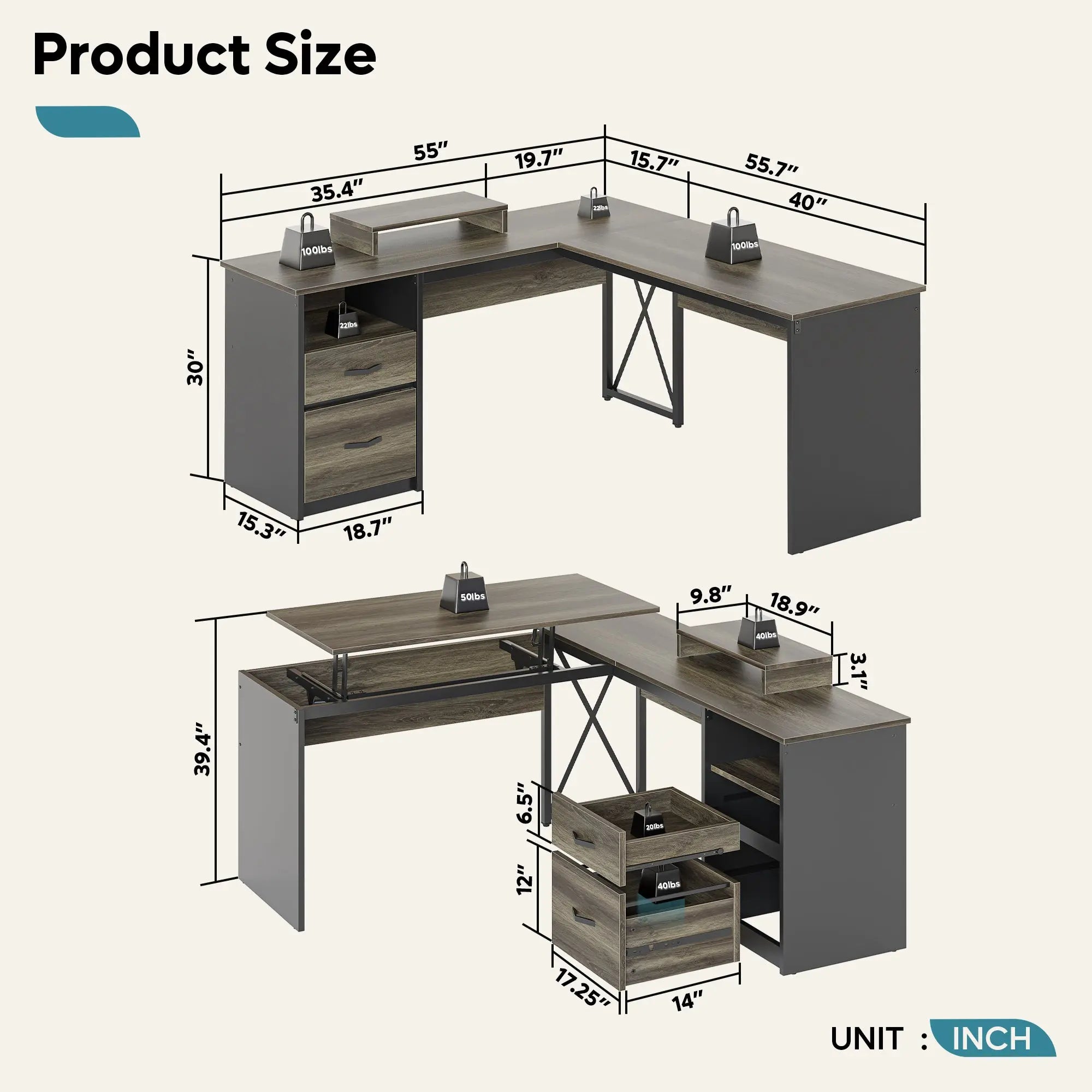 Bestier 56-inch L-Shaped Computer Desk with Drawers and Monitor Stand Bestier