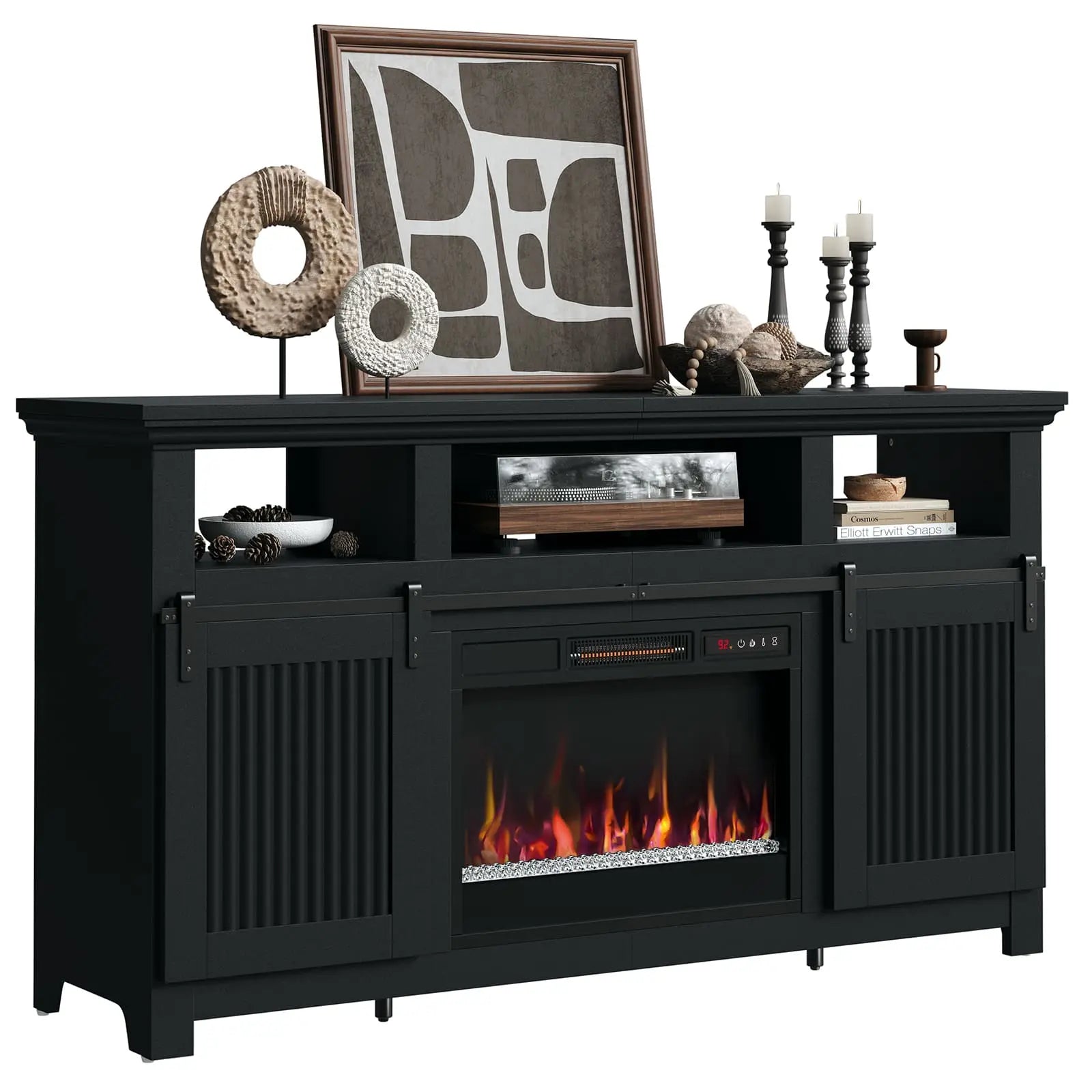 the farmhouse fireplace tv stand in the white background