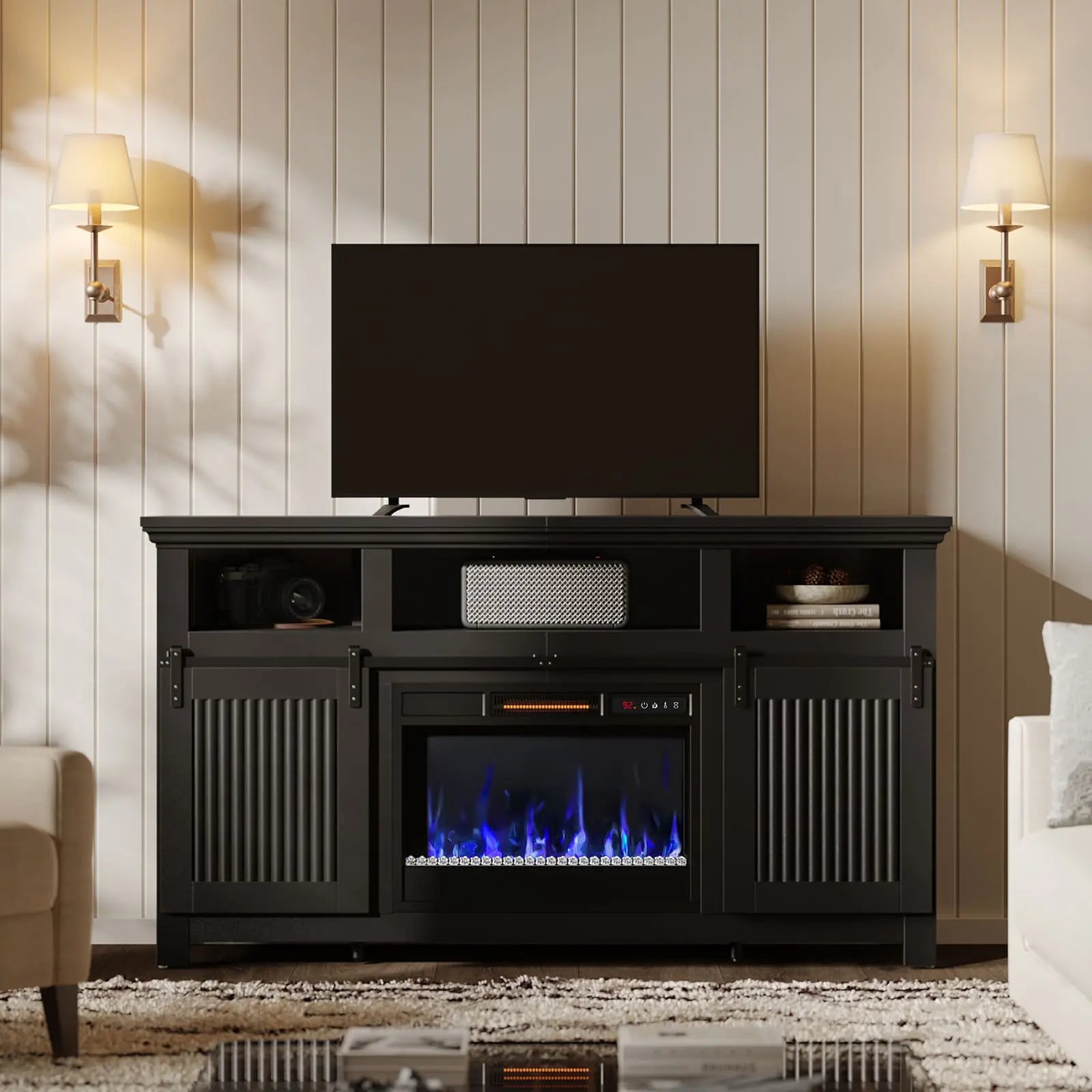 the balck farmhouse fireplace tv stand in a room