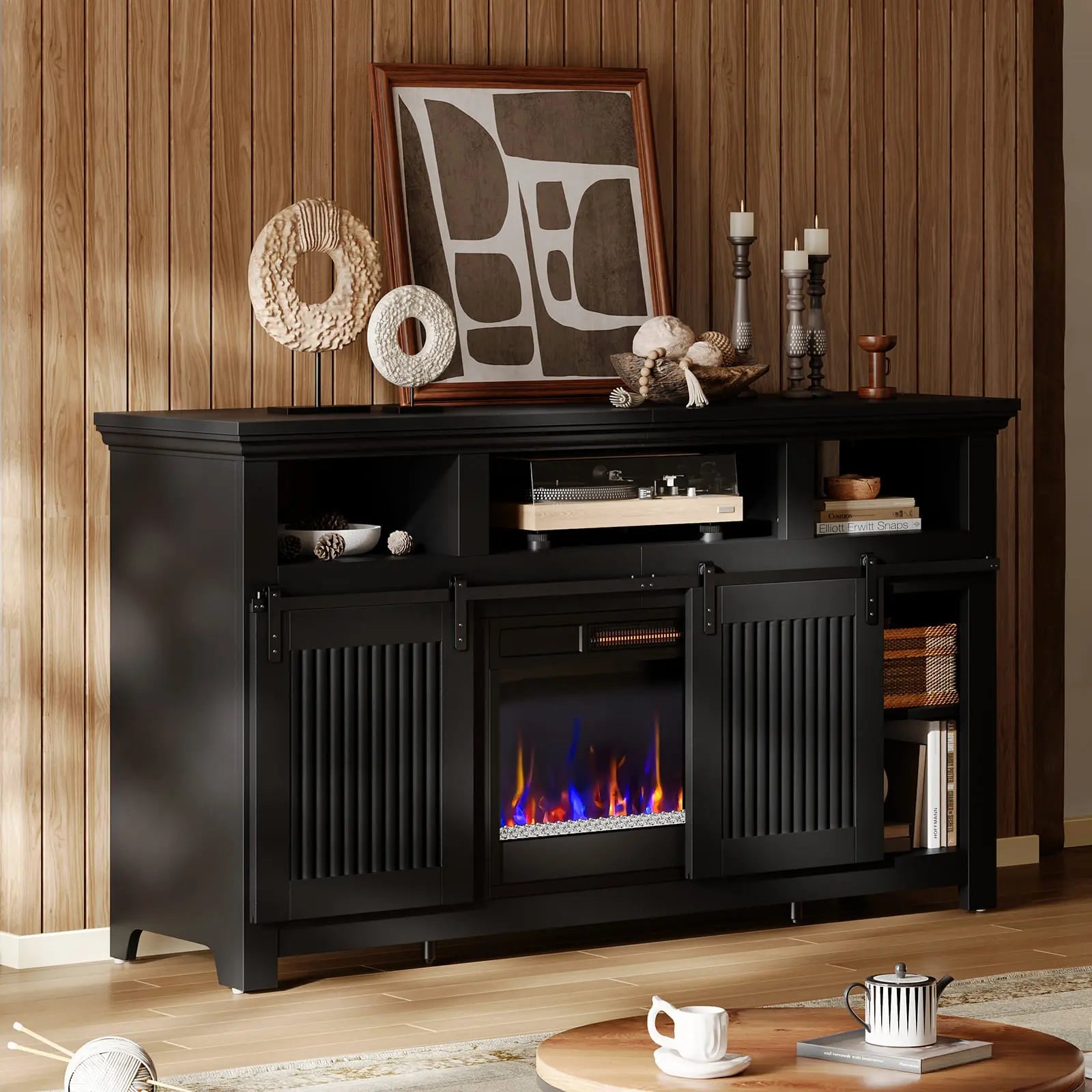 the black farmhouse fireplace tv stand in a cozy room