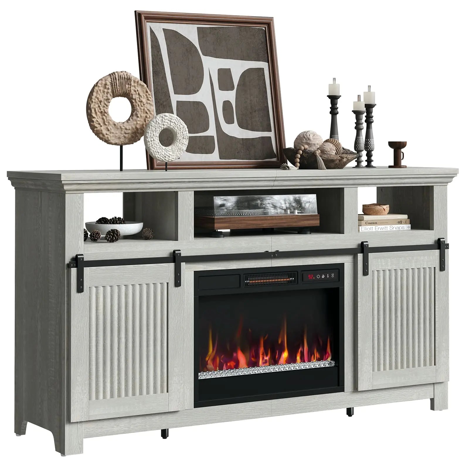 the white farmhouse fireplace tv stand in the white background