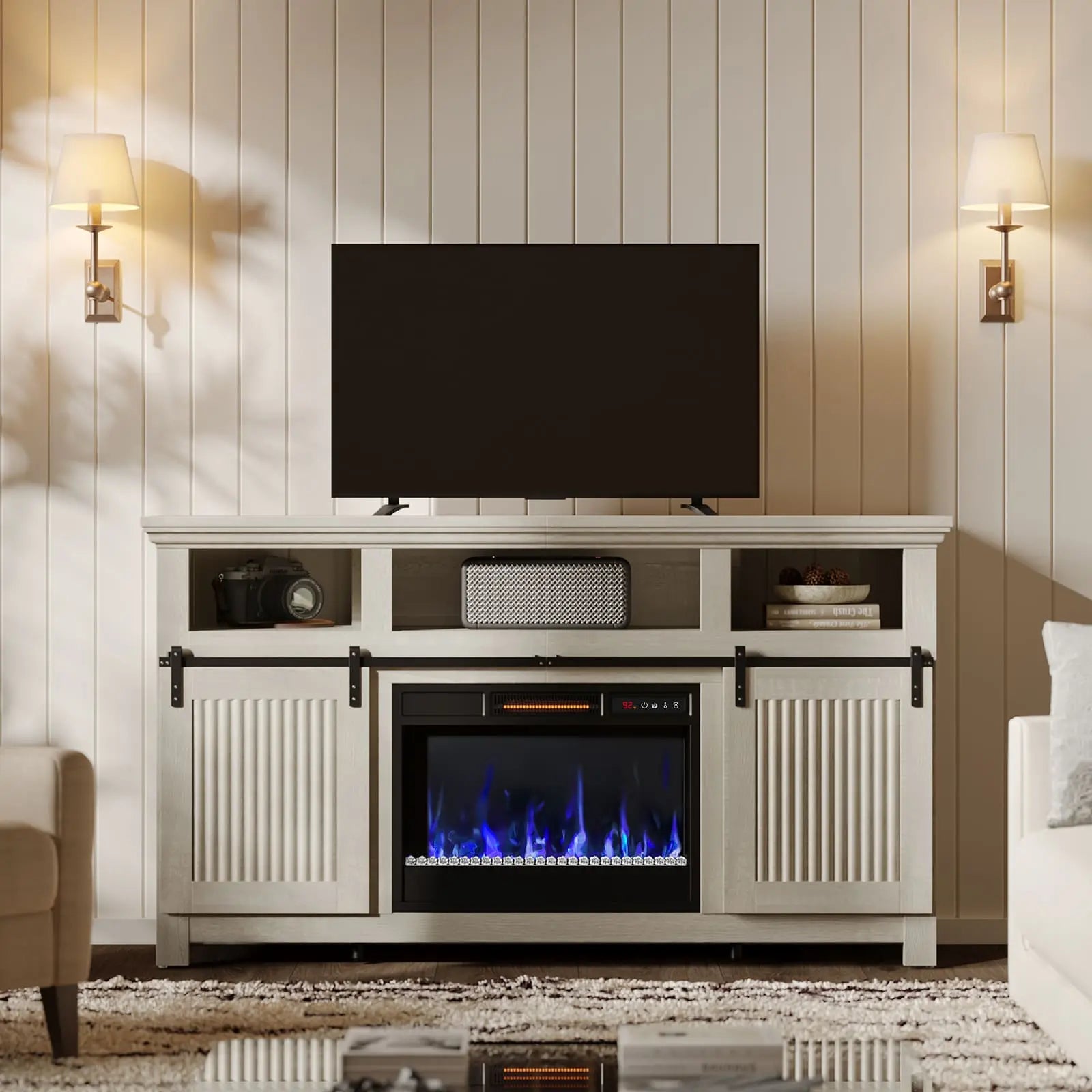 the white farmhouse fireplace tv stand in a room