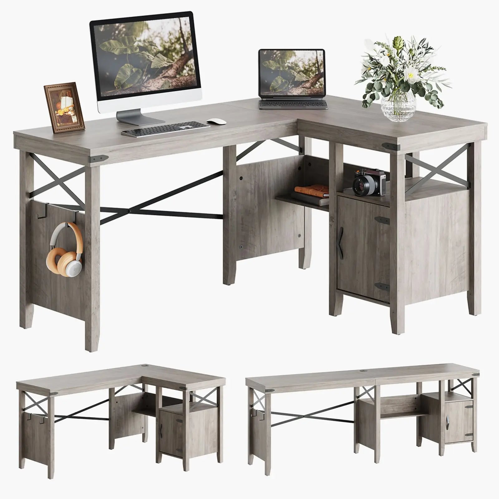 60 inch farmhouse l shaped computer desk Bestier