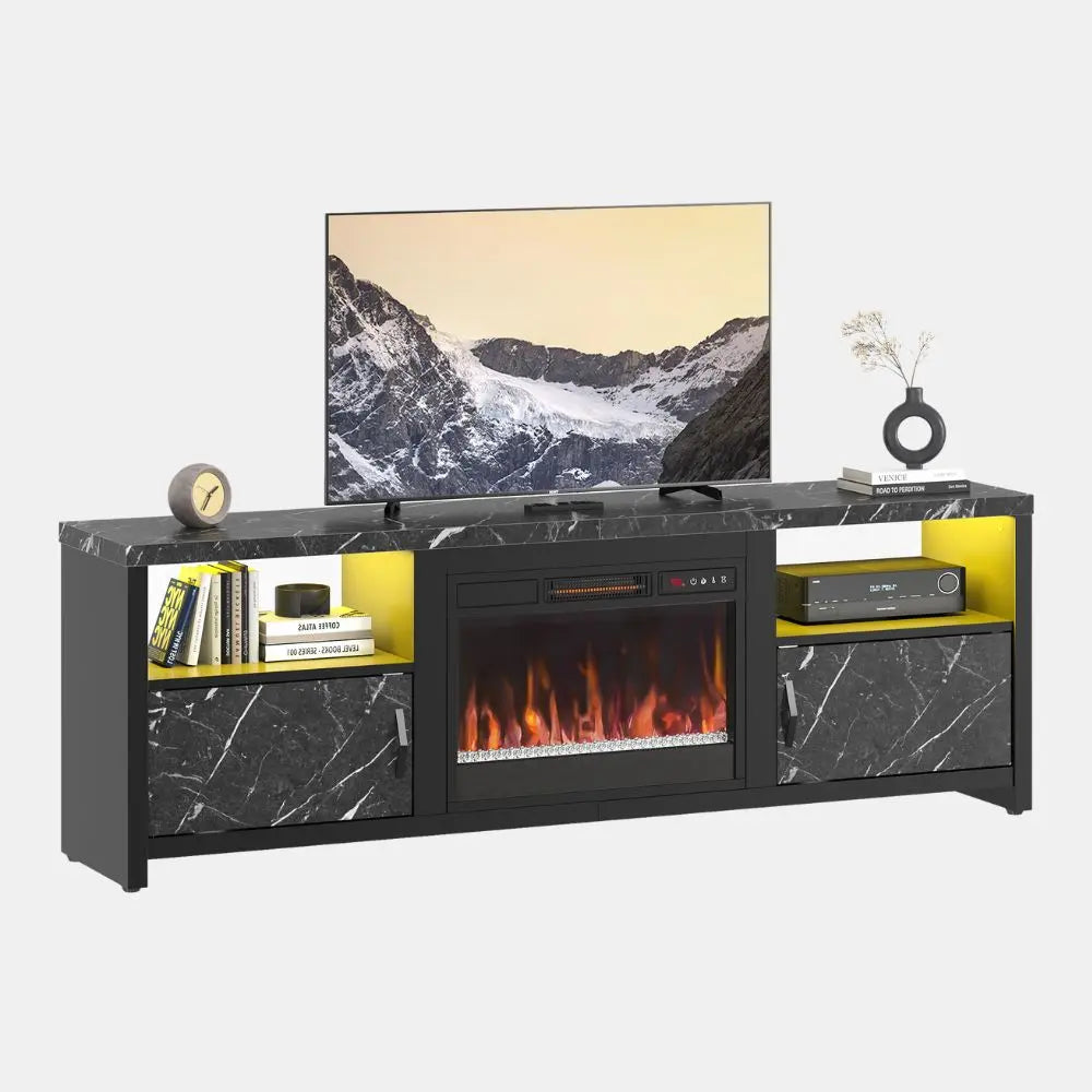 Modern Entertainment Center of Black Marble with Electric Fireplace Up to 80'' - Bestier