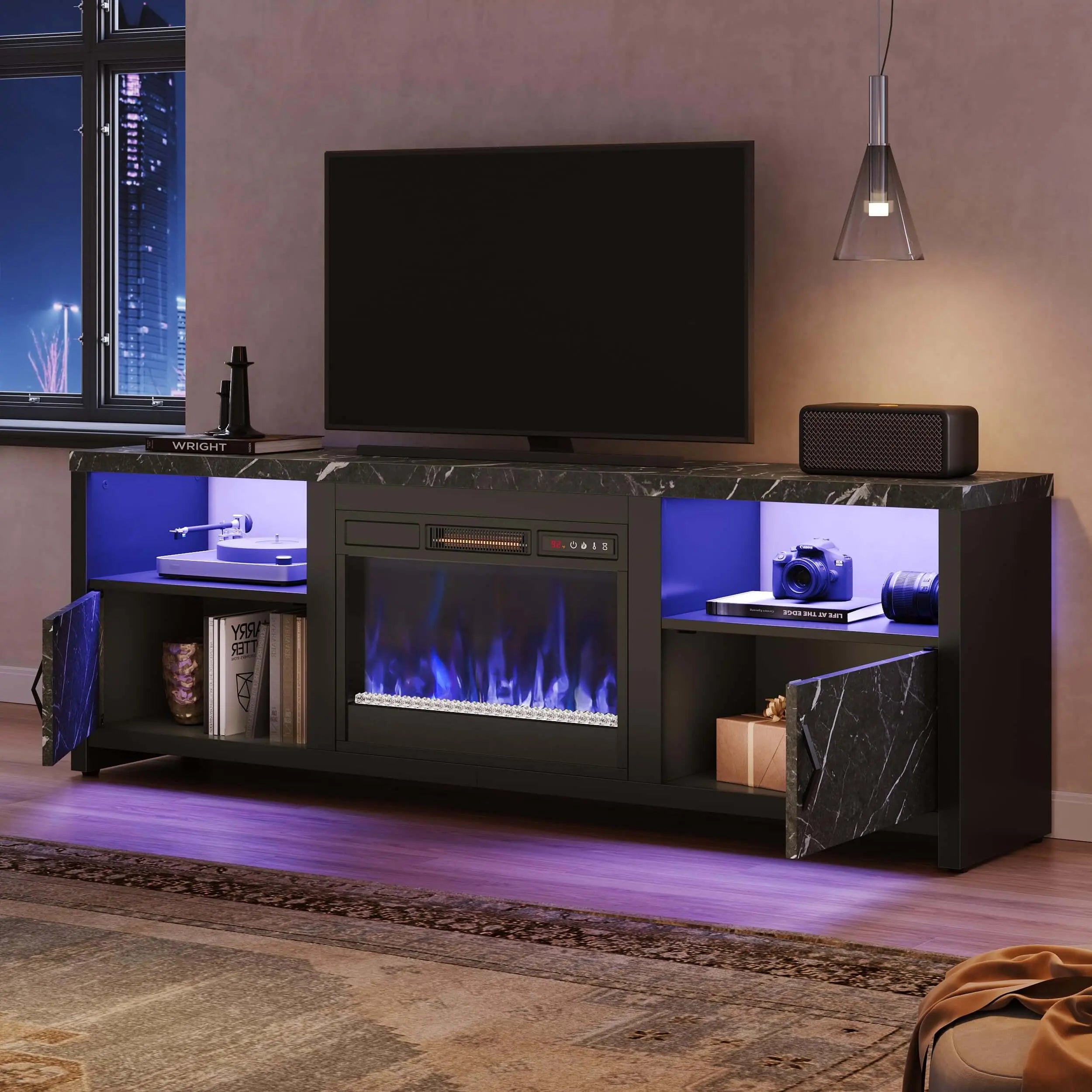 Modern Entertainment Center with Electric Fireplace of Black Marble