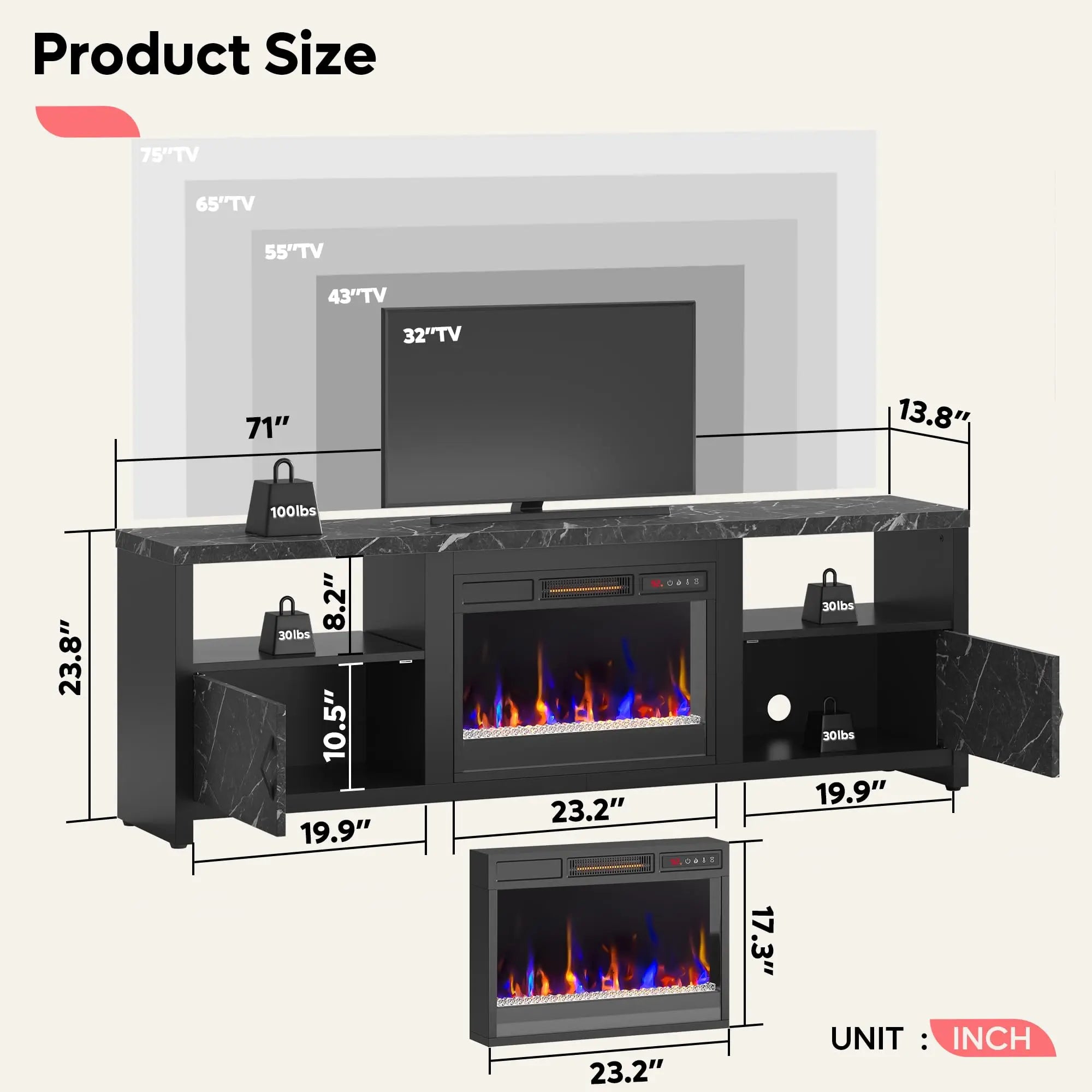 the size of Modern Entertainment Center with Black Marble Electric Fireplace Up to 80'' - Bestier