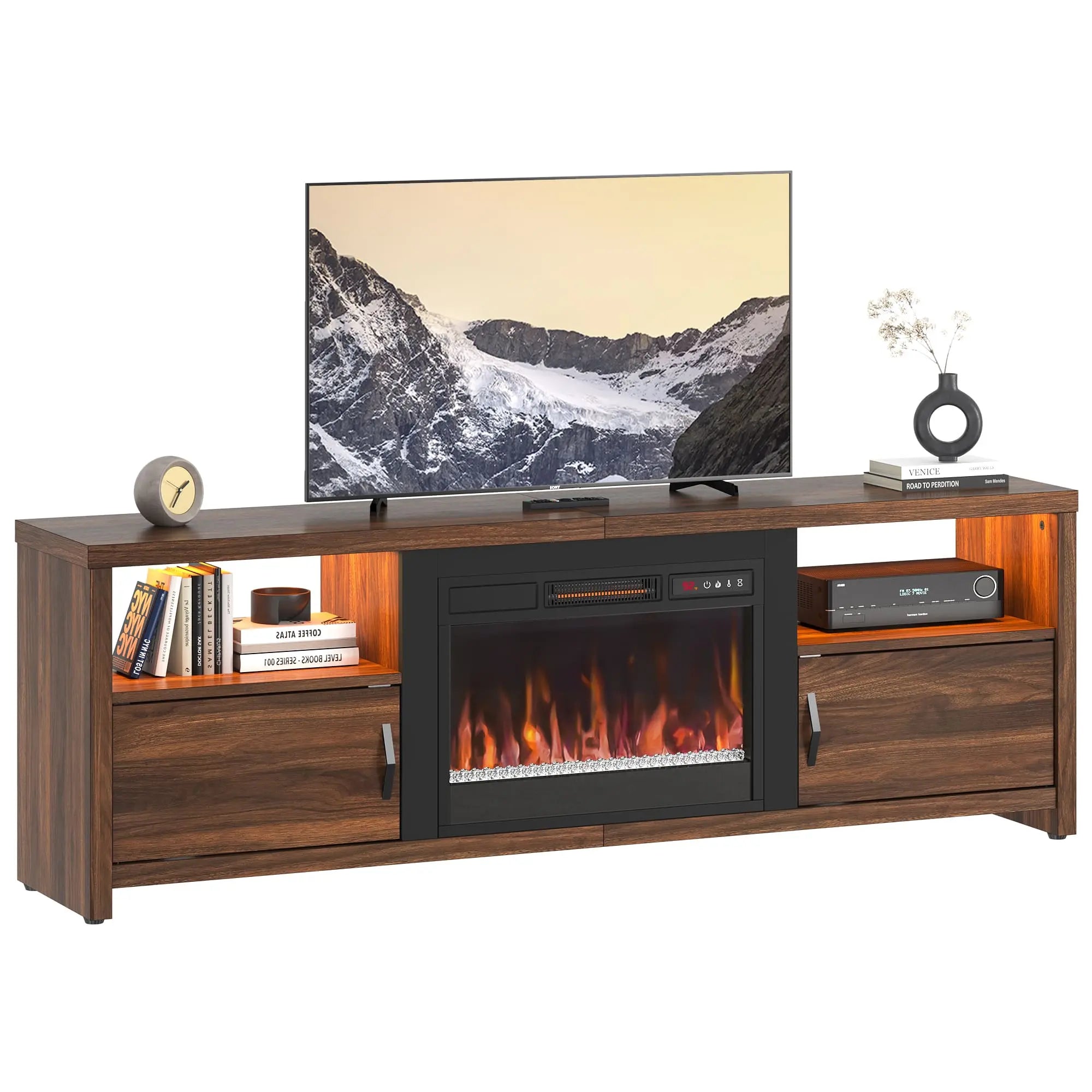 the dark walnut fireplace tv stand in the white background