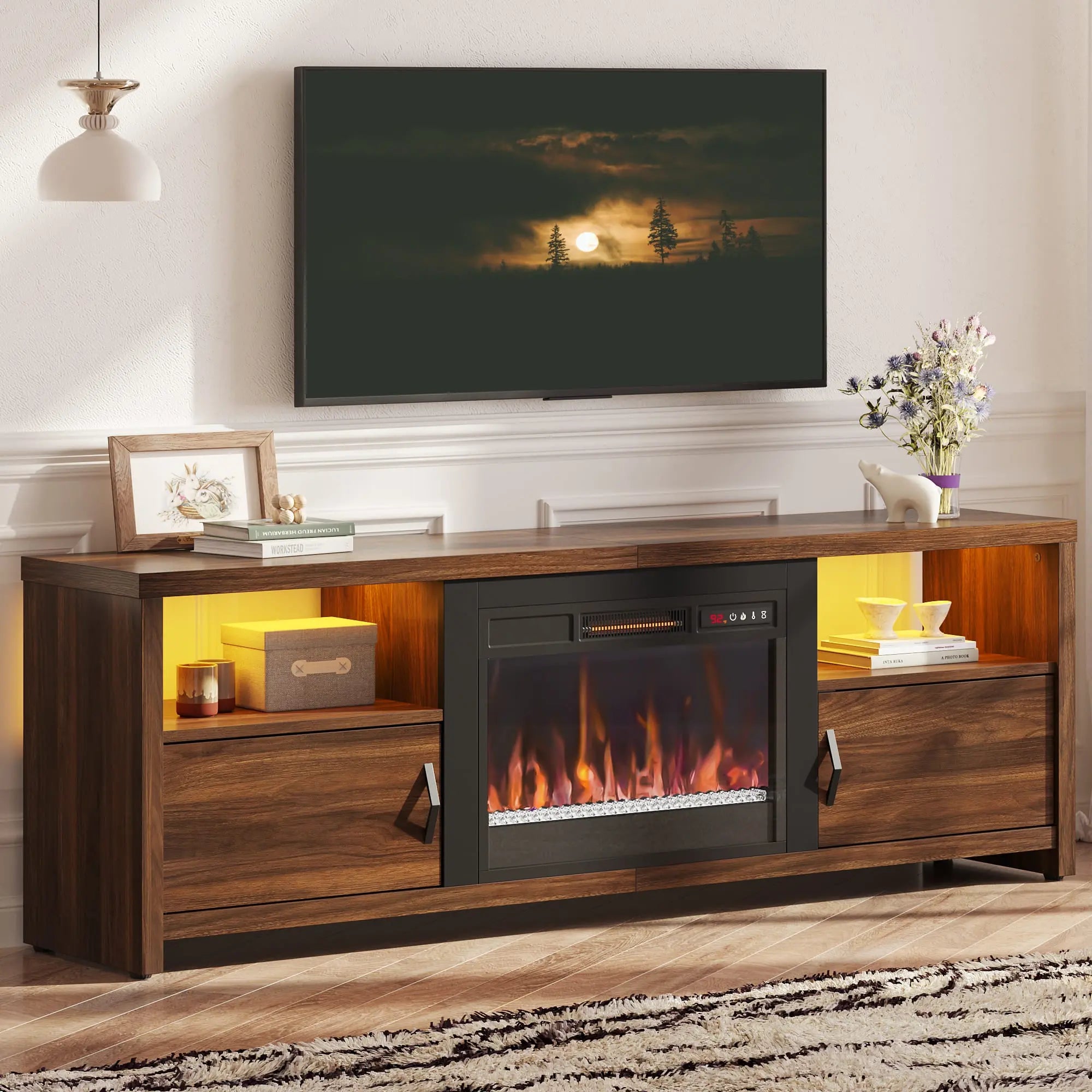 the dark walnut fireplace tv stand