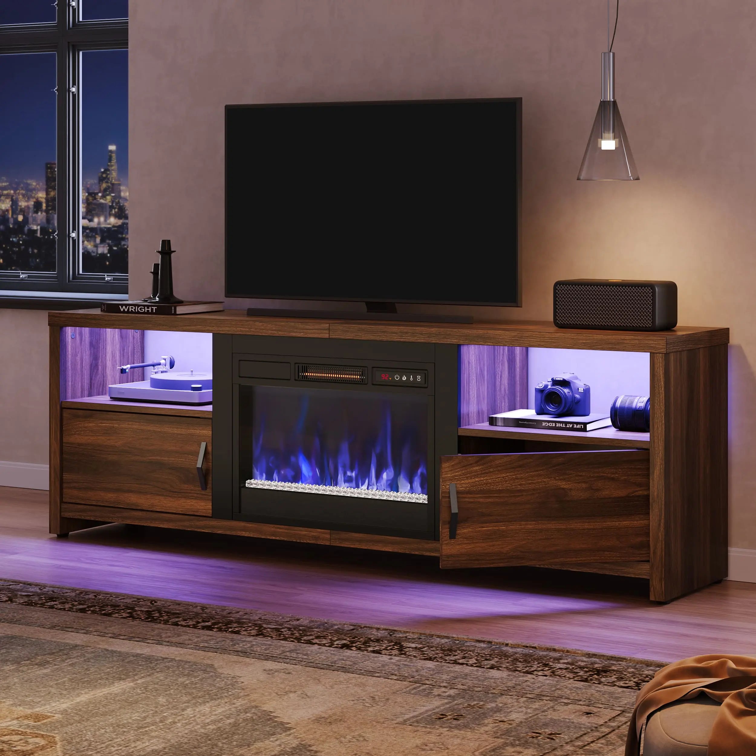 the dark walnut fireplace tv stand in a living room